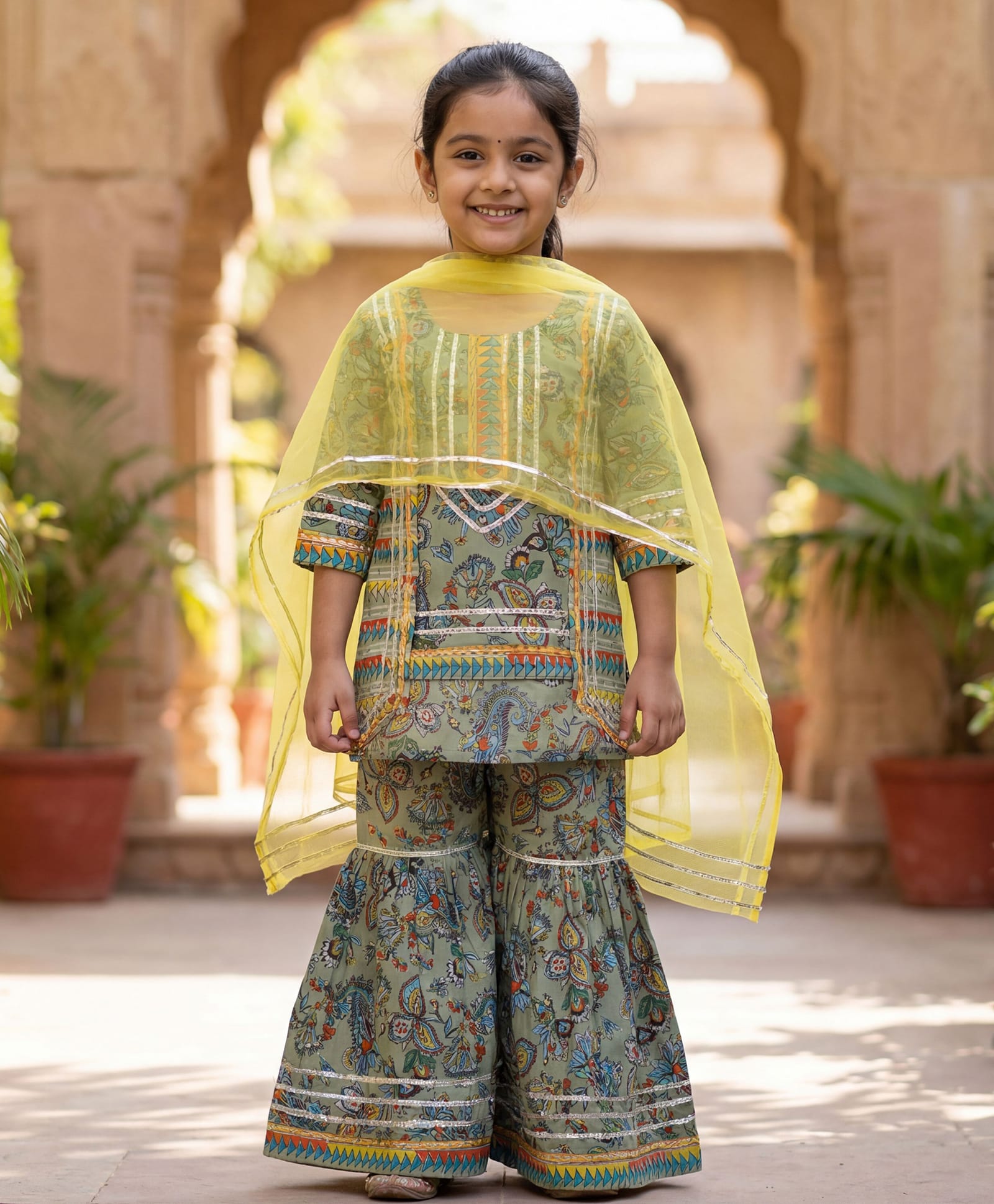 Enfance Cotton Woven Three Fourth Sleeves Kaftan Style Kurti Gharara Set with Dupatta & Floral Print - Green-picture-8