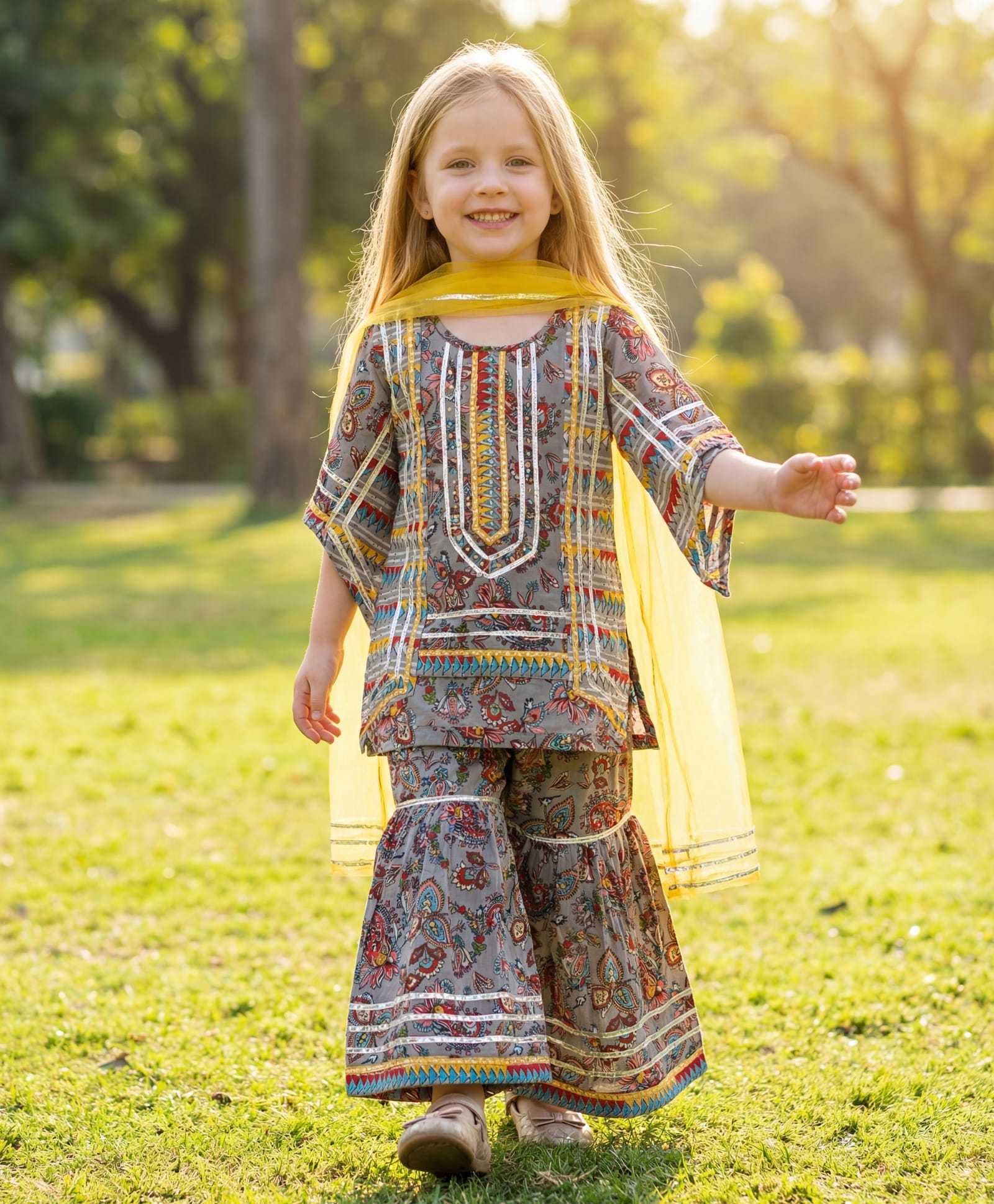 Enfance Cotton Woven Three Fourth Sleeves Kaftan Style Kurti Gharara Set with Dupatta & Floral Print - Grey-image-34