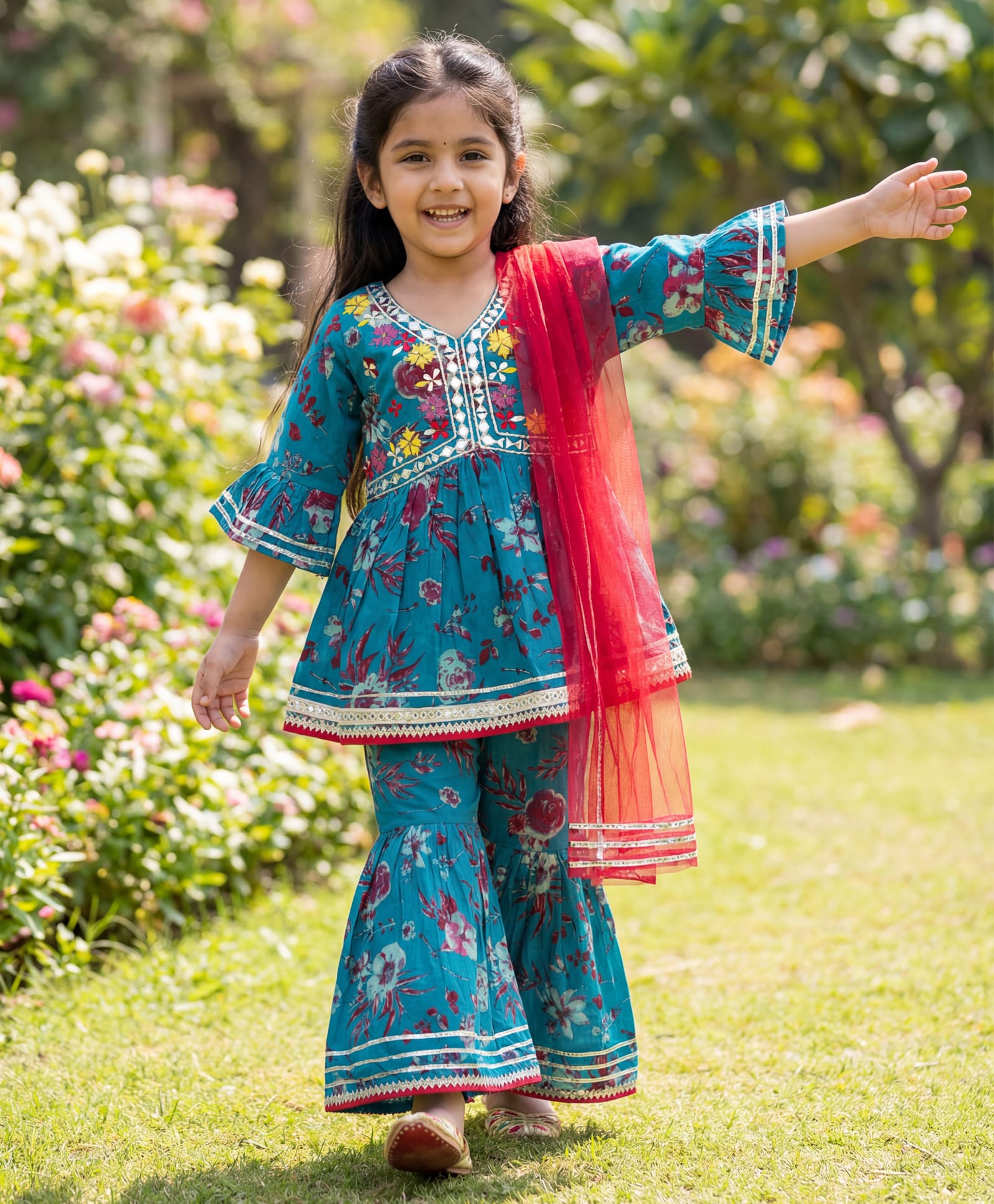 Enfance Cotton Woven Three Fourth Sleeves Kurti Gharara Set with Dupatta & Floral Print - Blue-picture-20
