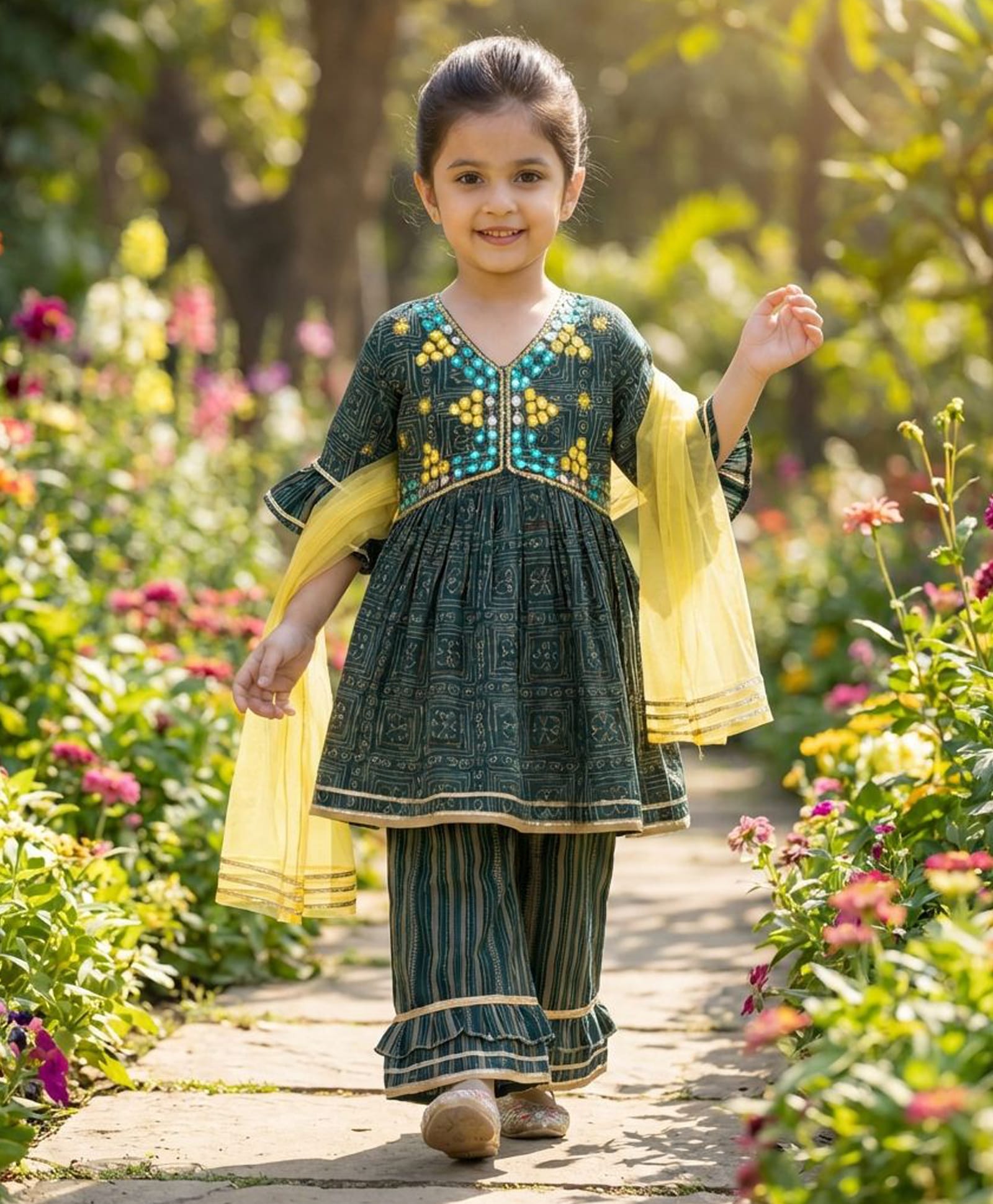 Enfance Cotton Woven Three Fourth Sleeves Kurti Sharara Set with Dupatta & Motif Print - Green-picture-1