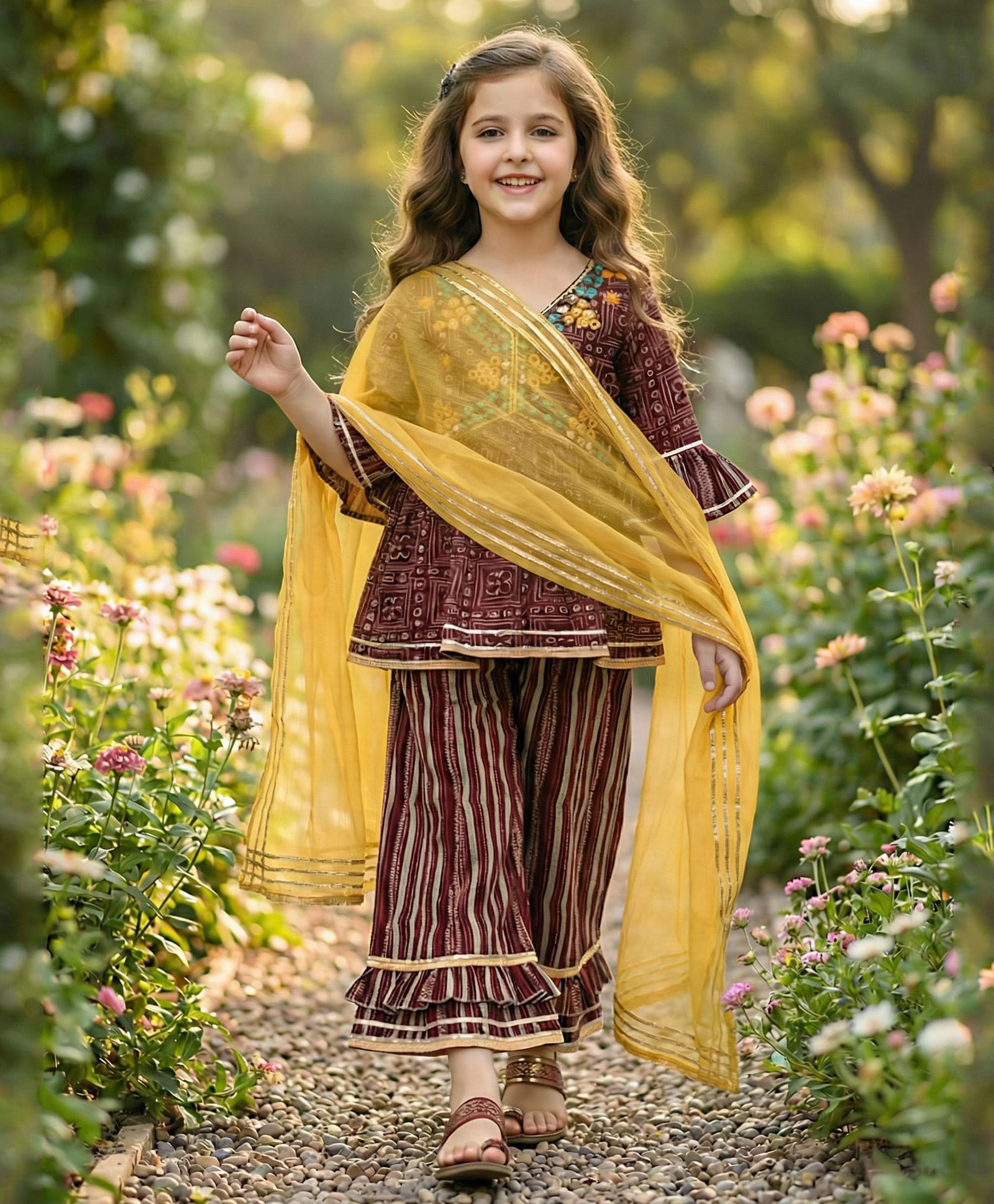 Enfance Cotton Woven Three Fourth Sleeves Kurti Sharara Set with Dupatta & Motif Print - Wine-picture-40
