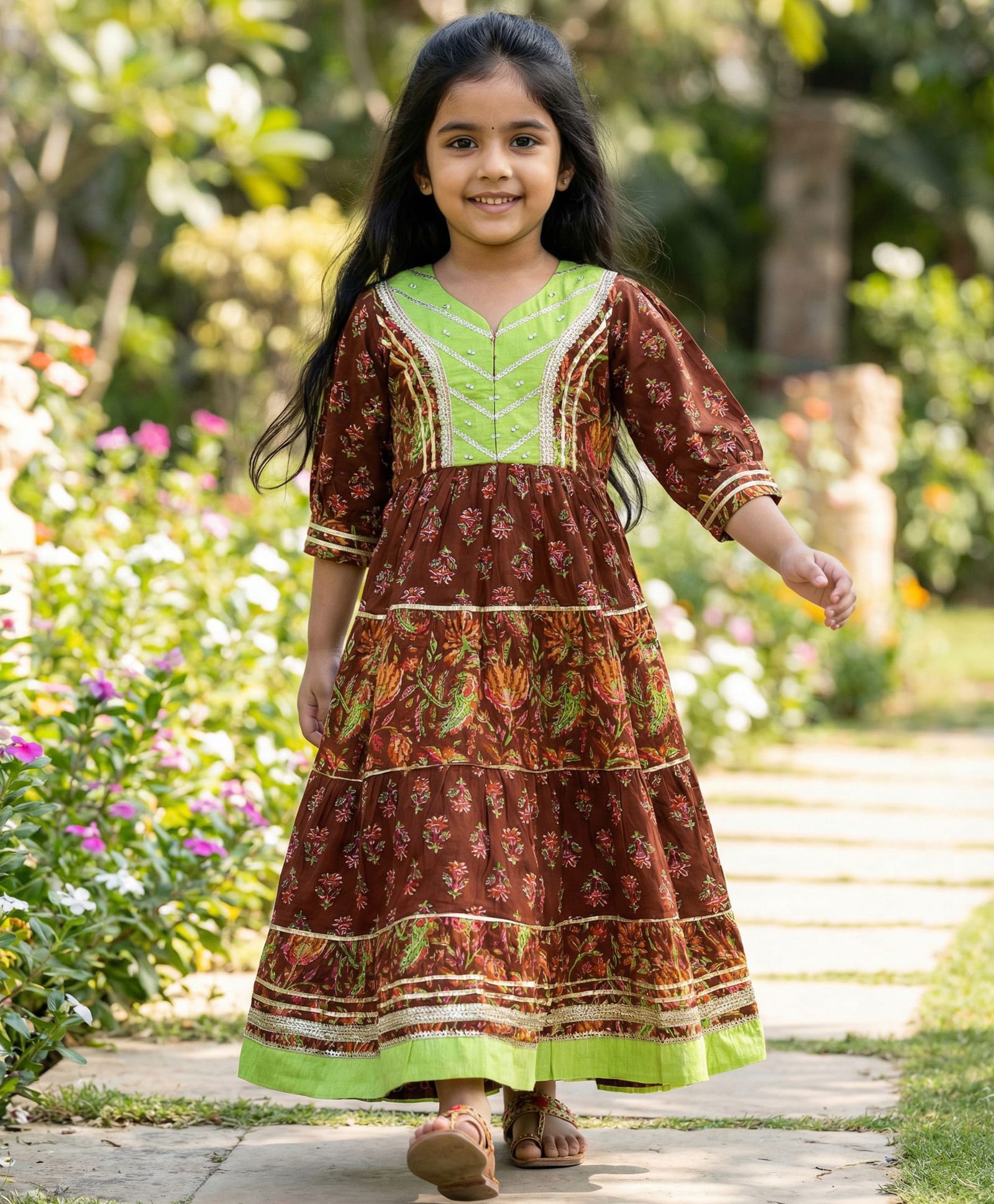 Enfance Cotton Woven Three Fourth Sleeves Ethnic Gown with Floral Print - Multicolor-picture-14