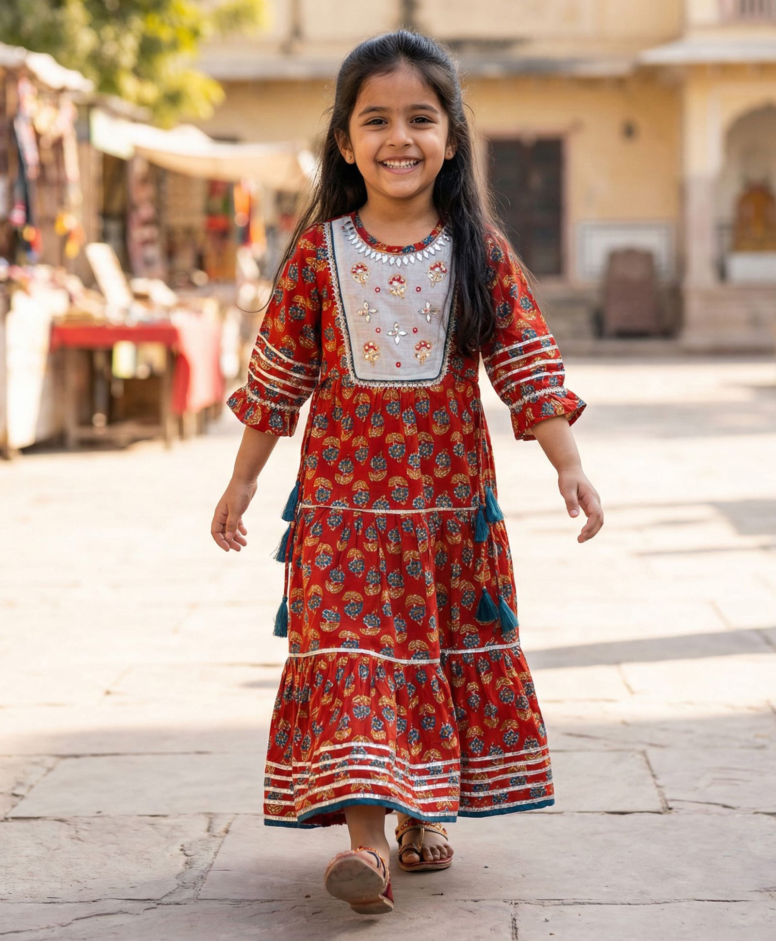 Enfance Cotton Woven Three Fourth Sleeves Ethnic Gown with Floral Print - Red-picture-24
