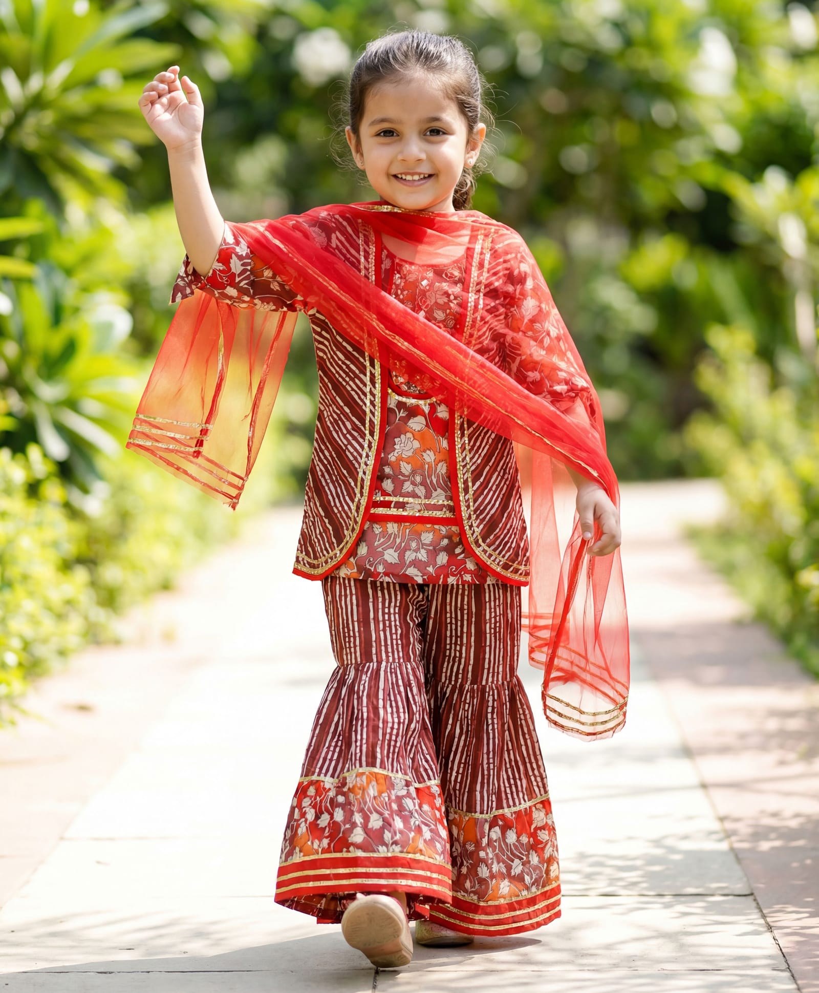 Enfance Cotton Woven Half Sleeves Kurti Gharara Set with Dupatta & Floral Print - Peach-image-44