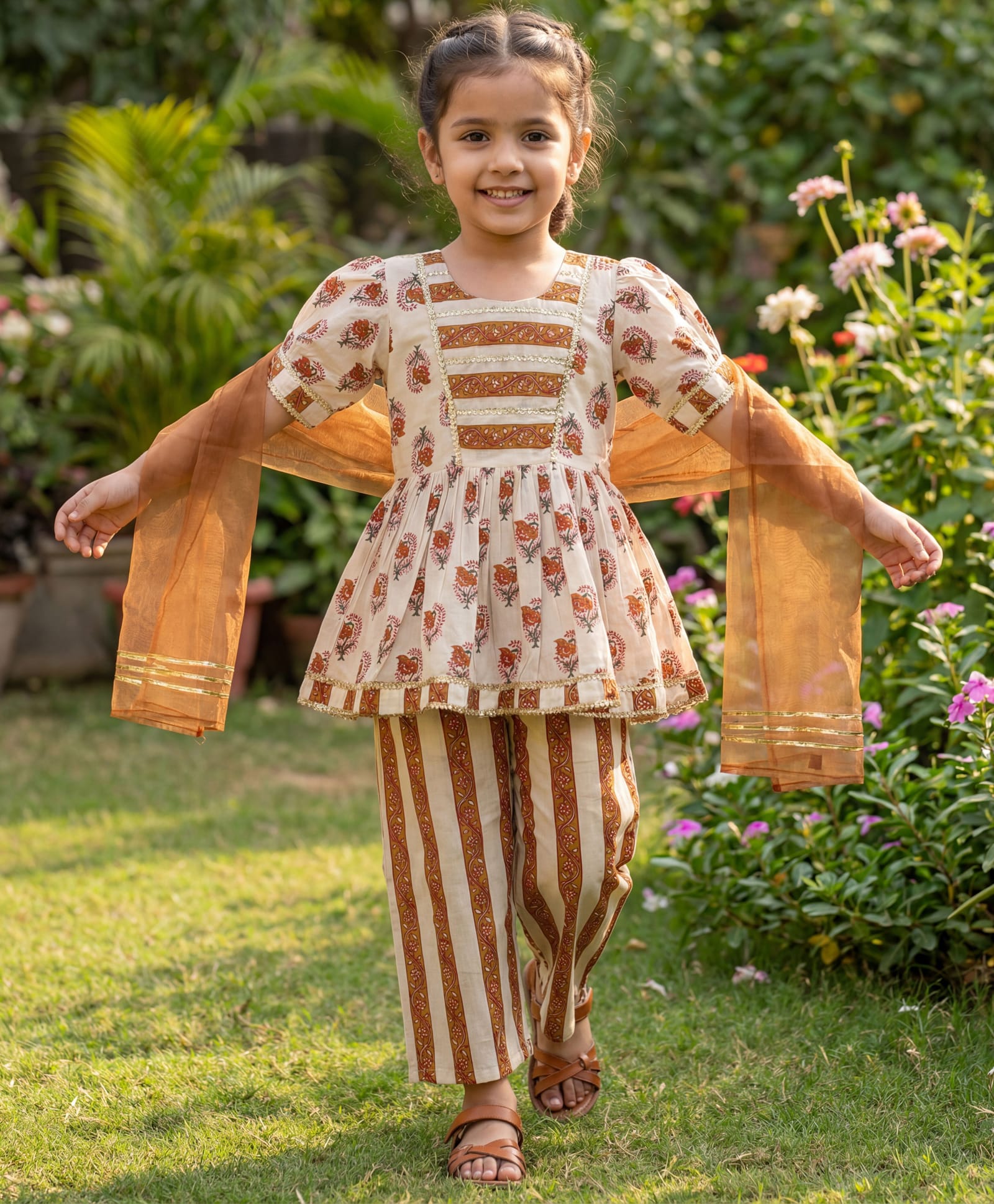 Enfance Cotton Woven Half Sleeves Kurti Salwar Set with Dupatta & Floral Print - Brown-picture-26