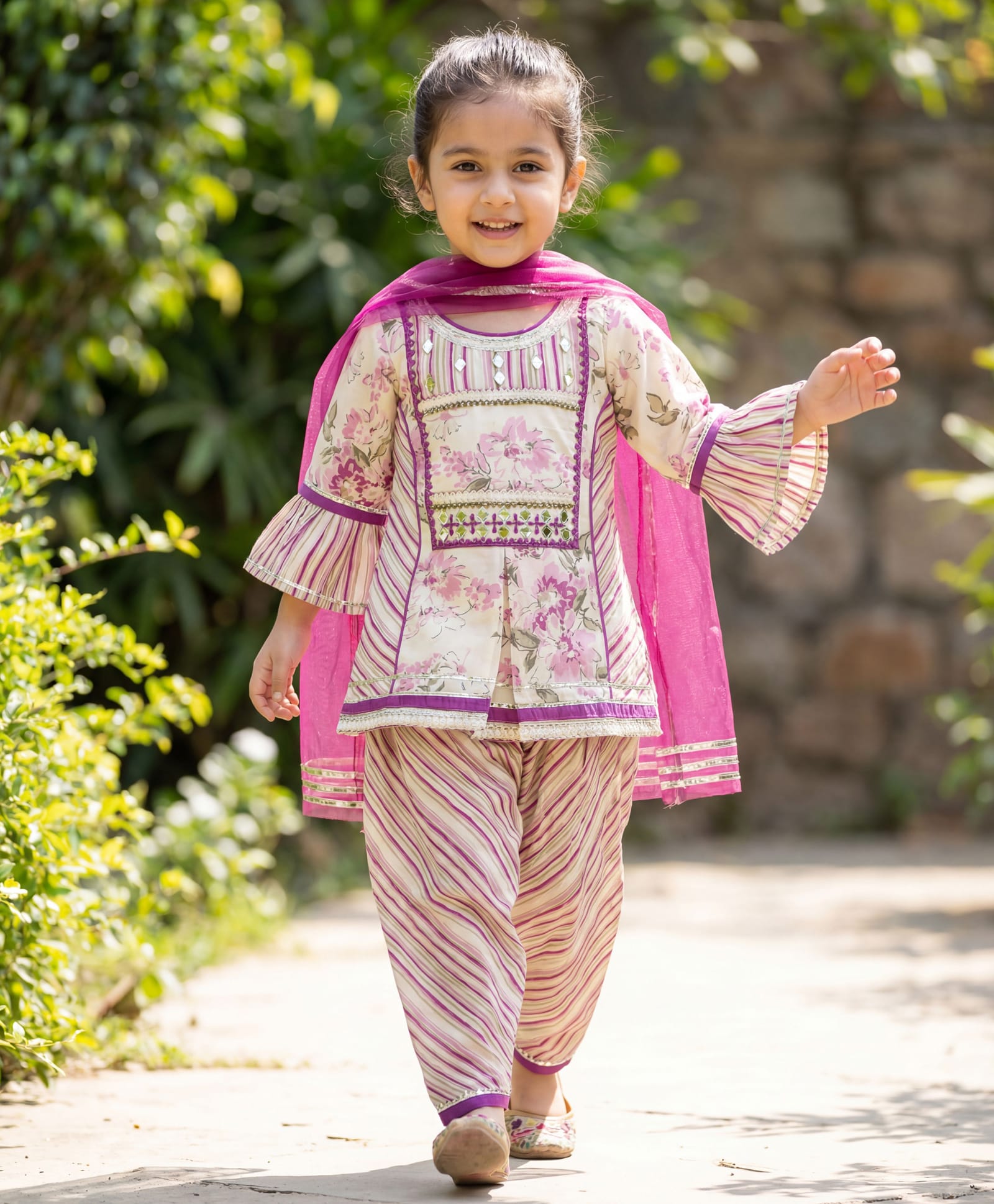 Enfance Cotton Woven Three Fourth Sleeves Kurti Dhoti Set with Dupatta & Floral Print - Purple-picture-22