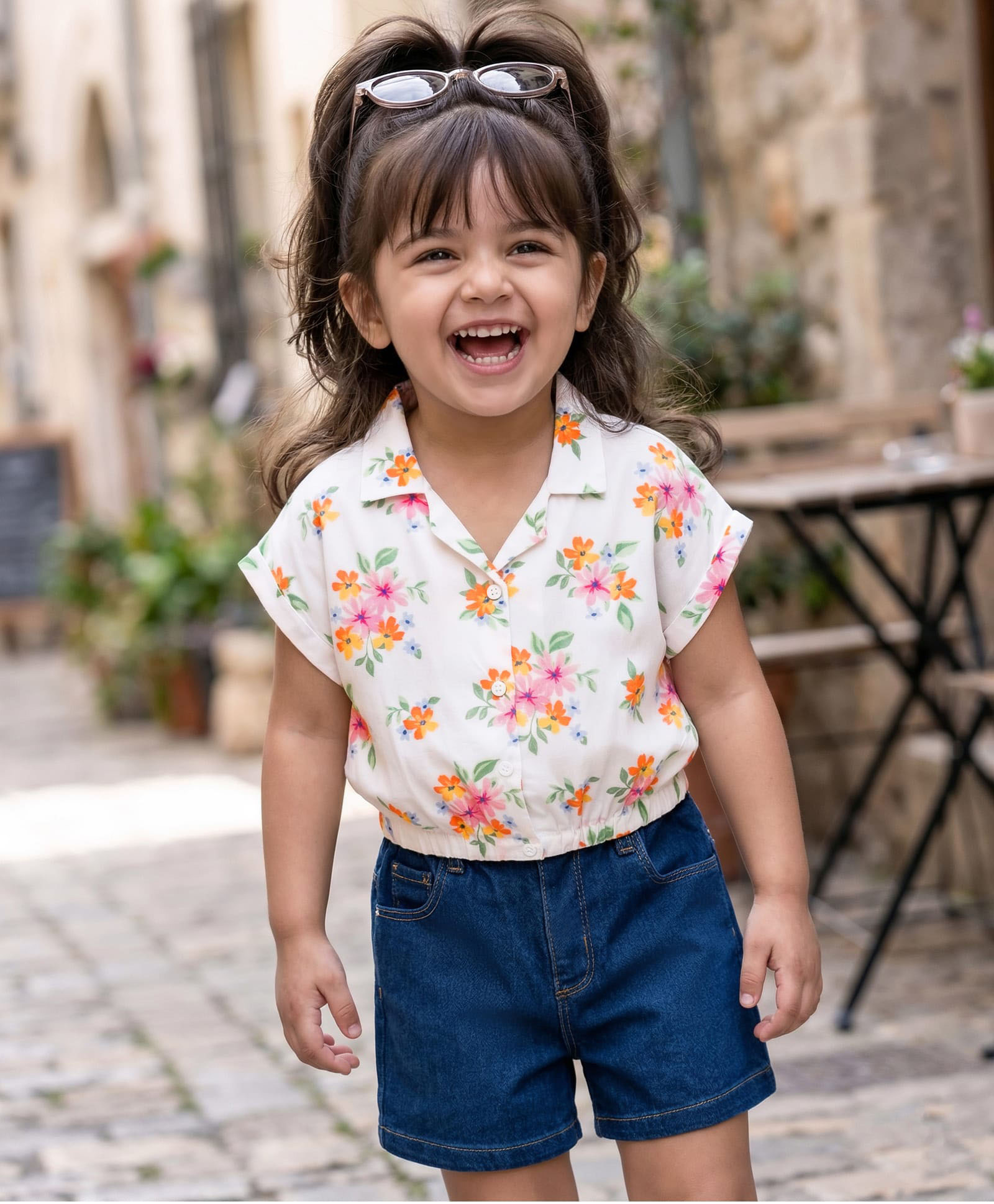 Babyhug Single Jersey Knit Half Sleeves Top & Denim Shorts Set With Floral Print - White & Blue-image-27