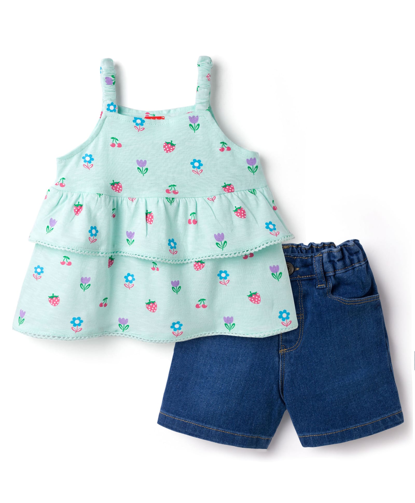 Babyhug Single Jersey Knit Sleeveless Floral & Fruits Printed Top & Denim Shorts Set - Blue-image-15