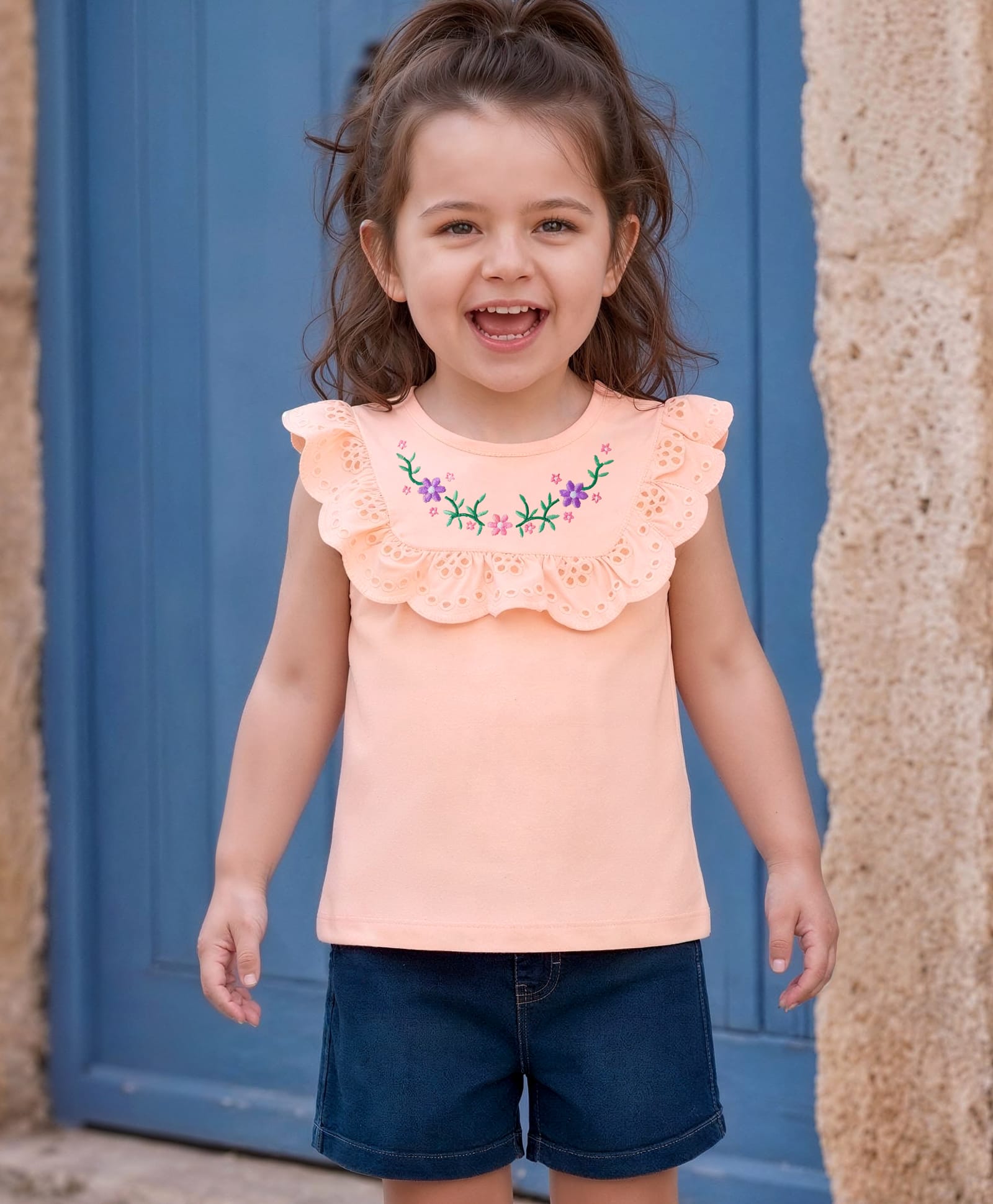 Babyhug Single Jersey Knit Sleeveless Top & Denim Shorts Set with Floral Embroidery - Pink & Blue-image-47