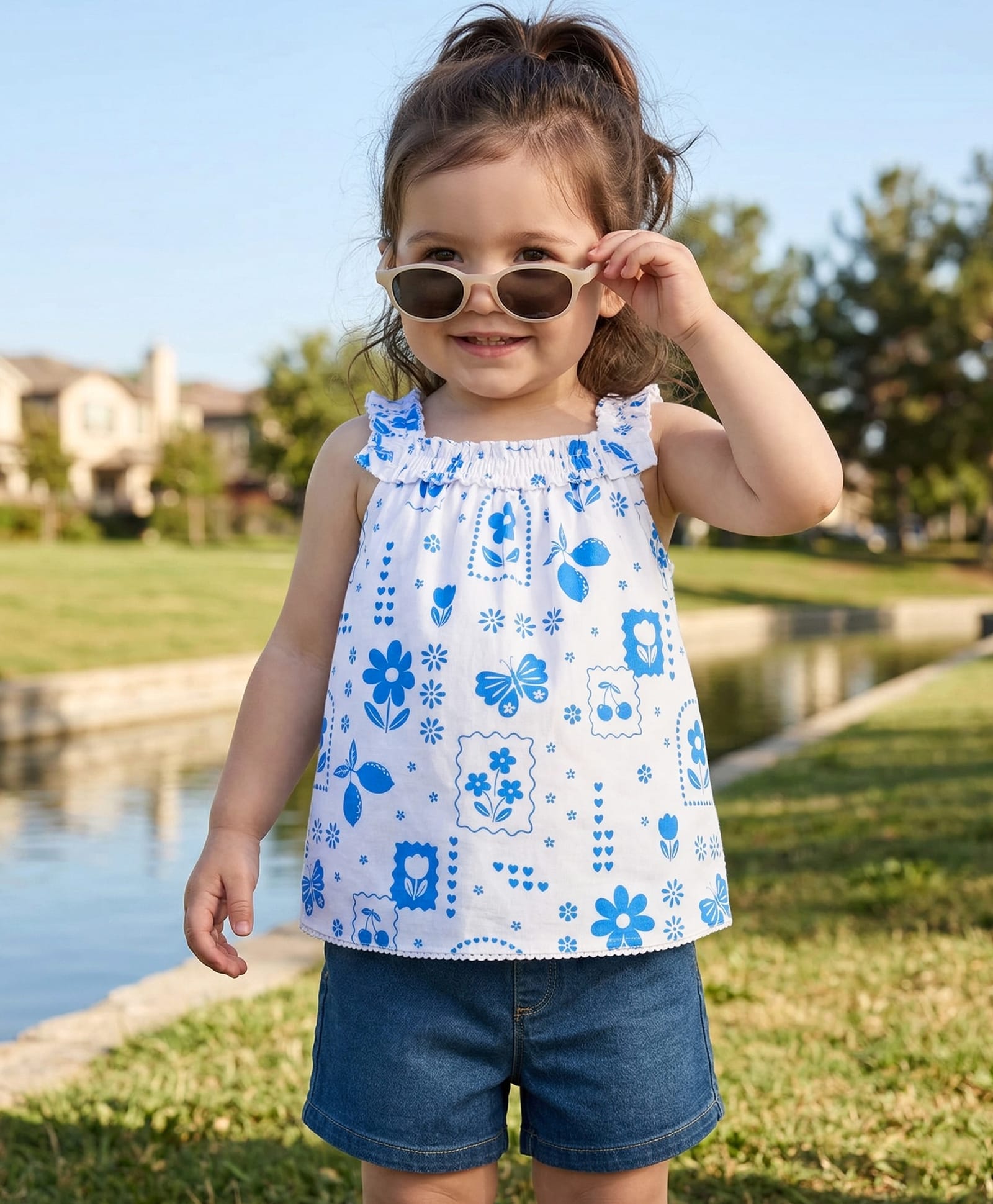 Babyhug Single Jersey Knit Frill Sleeves Top & Denim Shorts Set with Floral Print - Blue & White-image-19