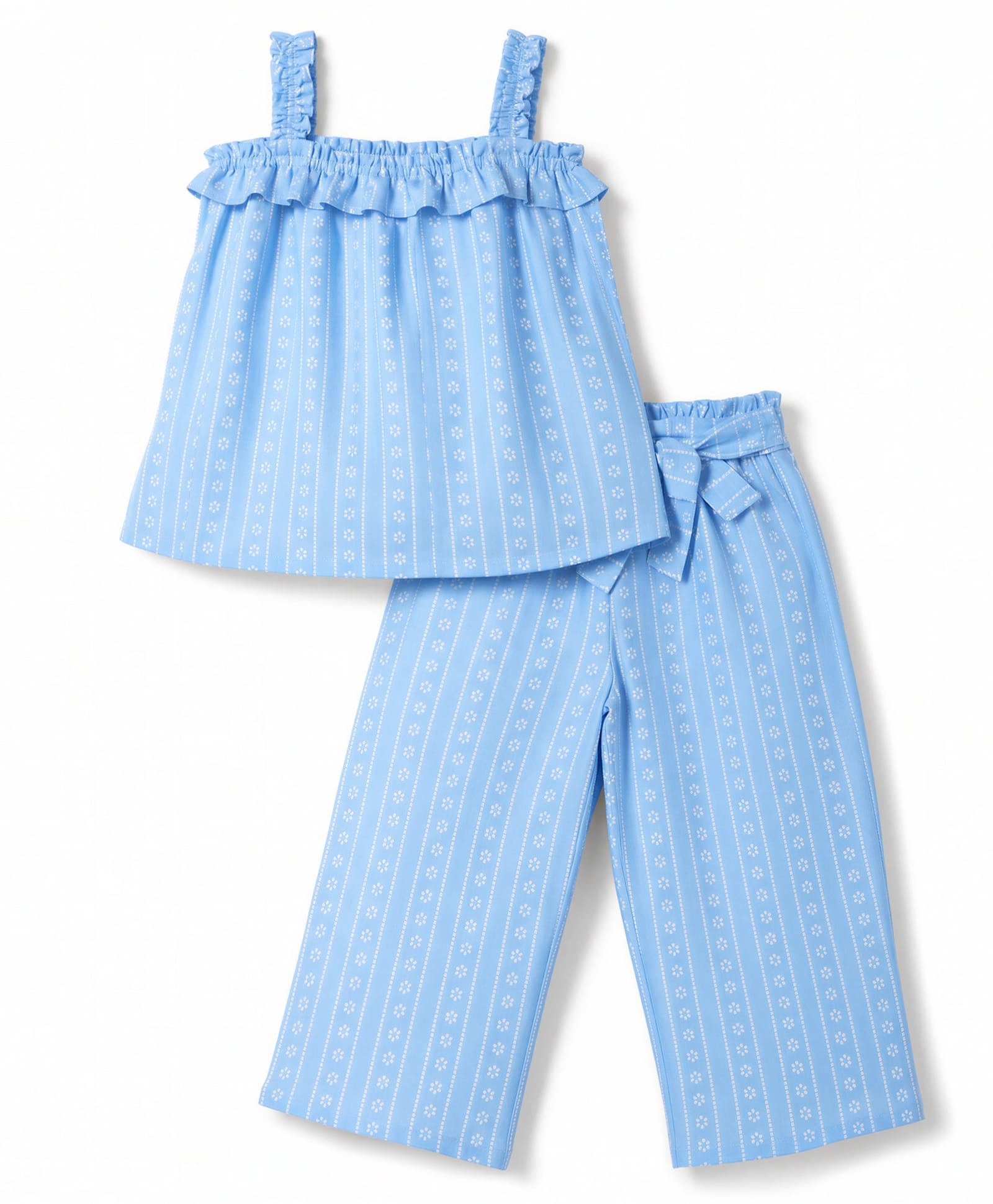 Babyhug Woven Sleeveless Floral Printed & Striped Co-Ords Top & Pant Set - Light Blue-image-28