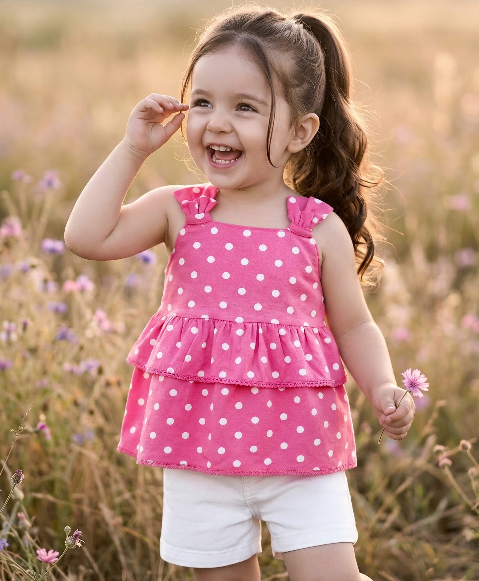 Babyhug Single Jersey Knit Sleeveless Polka Dot Printed Top & Denim Shorts Set - Pink & White-image-32