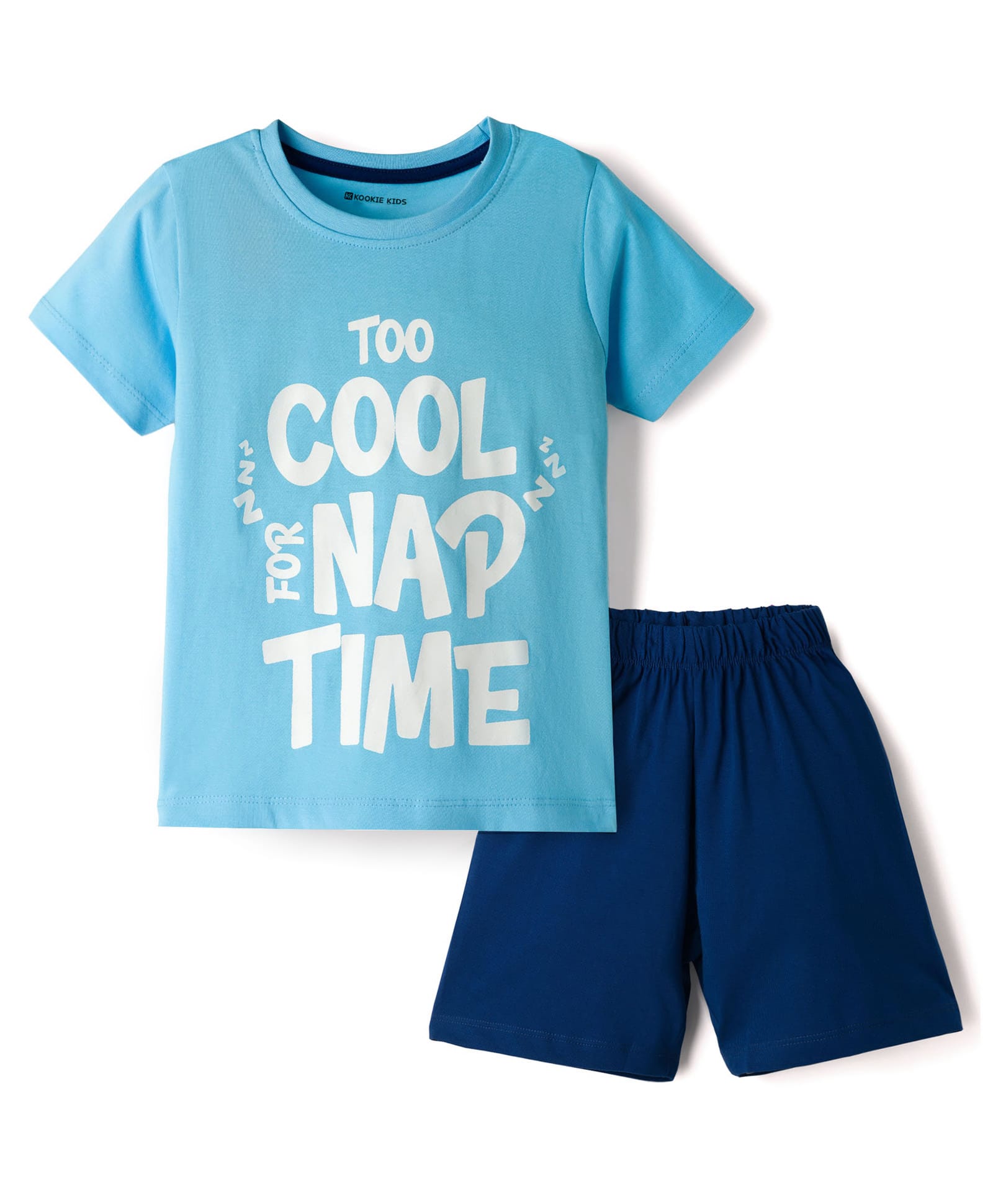 Kookie Kids 100% Cotton Knit Half Sleeves Text Printed T-Shirt & Shorts Night Suit - Light & Navy Blue-image-32