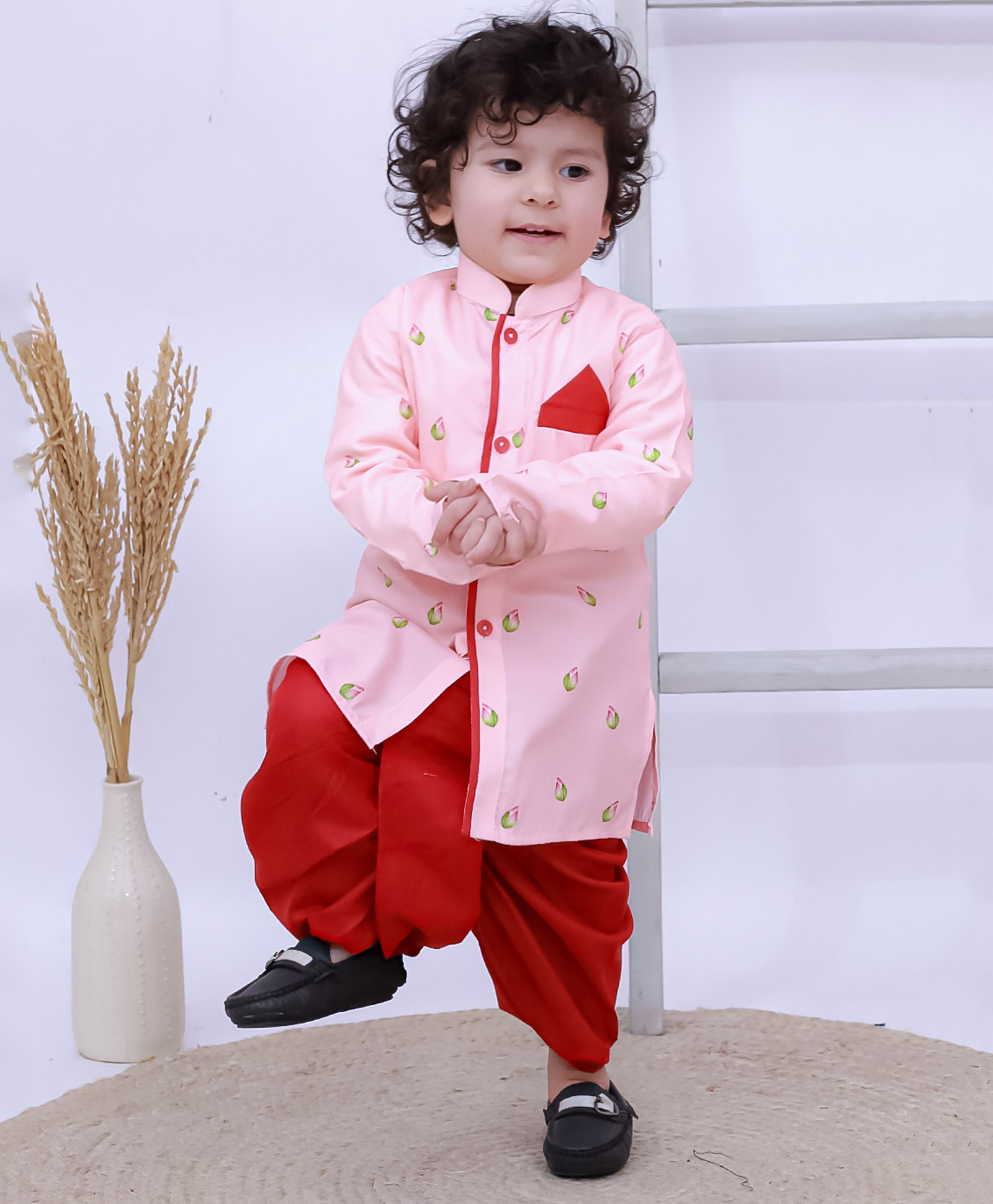 KID1 Silk Woven Full Sleeves Floral Printed Kurta & Dhoti Set - Pink-picture-16