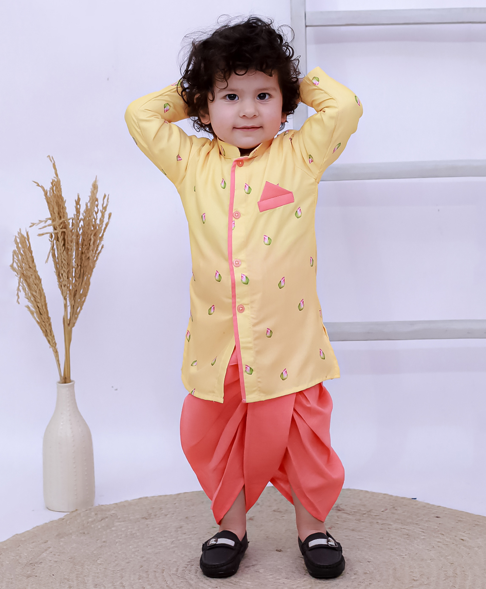 KID1 Silk Woven Full Sleeves Floral Printed Kurta & Dhoti Set - Yellow-picture-15