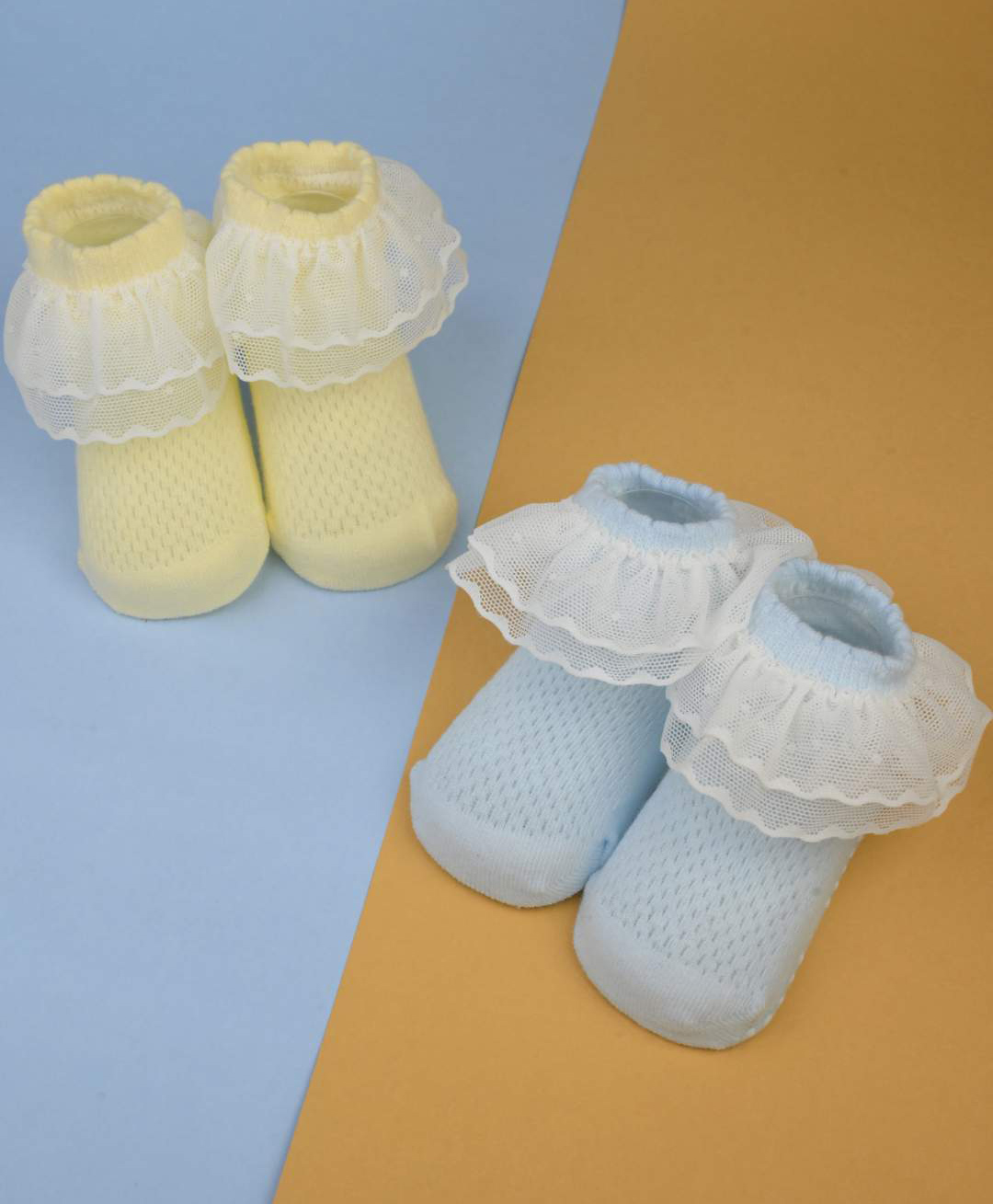 Yellow Bee Cotton Pack Of 2 Frill Detailed Socks - Yellow & Blue-picture-7
