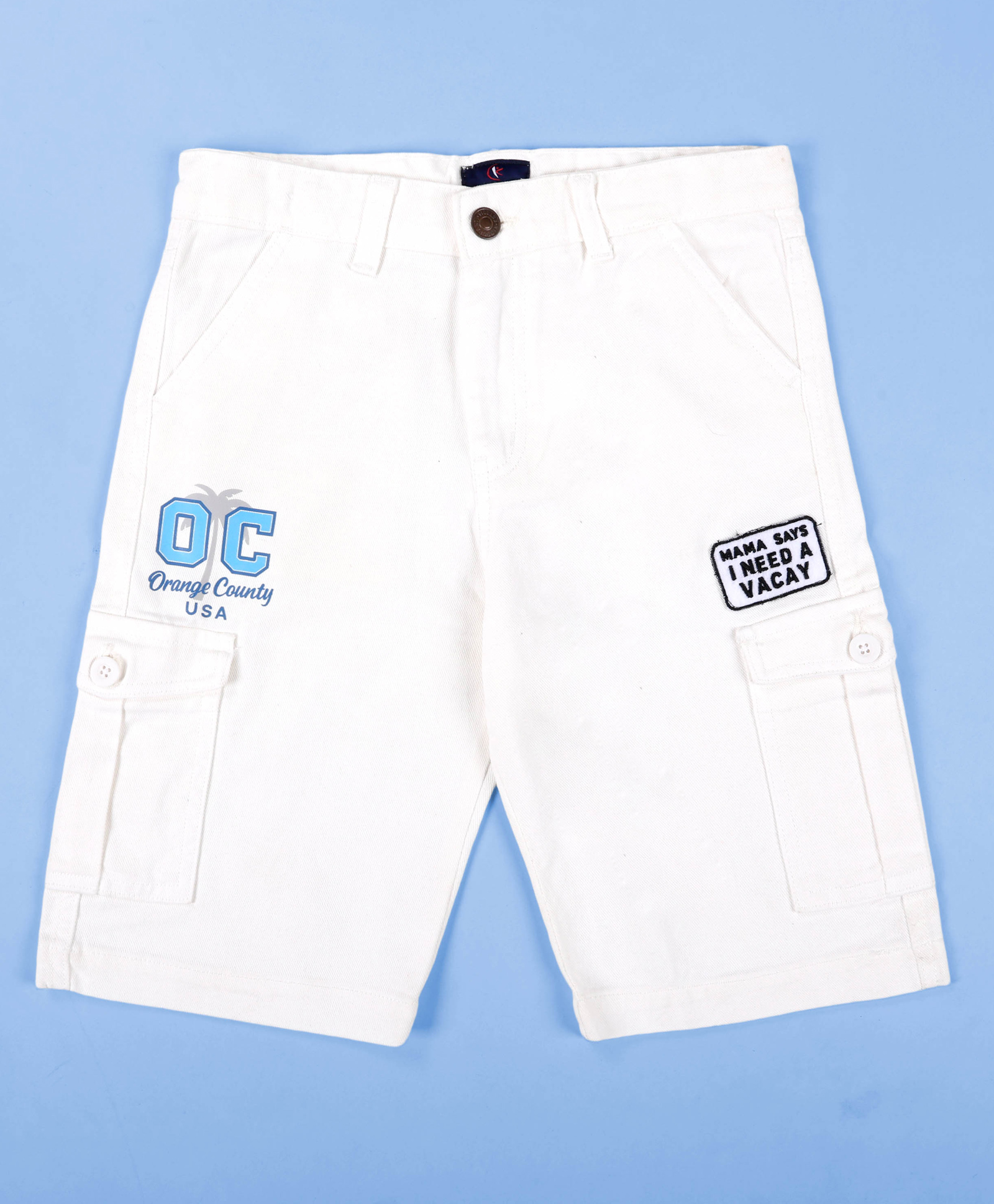 Kiddopanti Denim Woven Orange County Text Printed Cargo Shorts - White-image-20