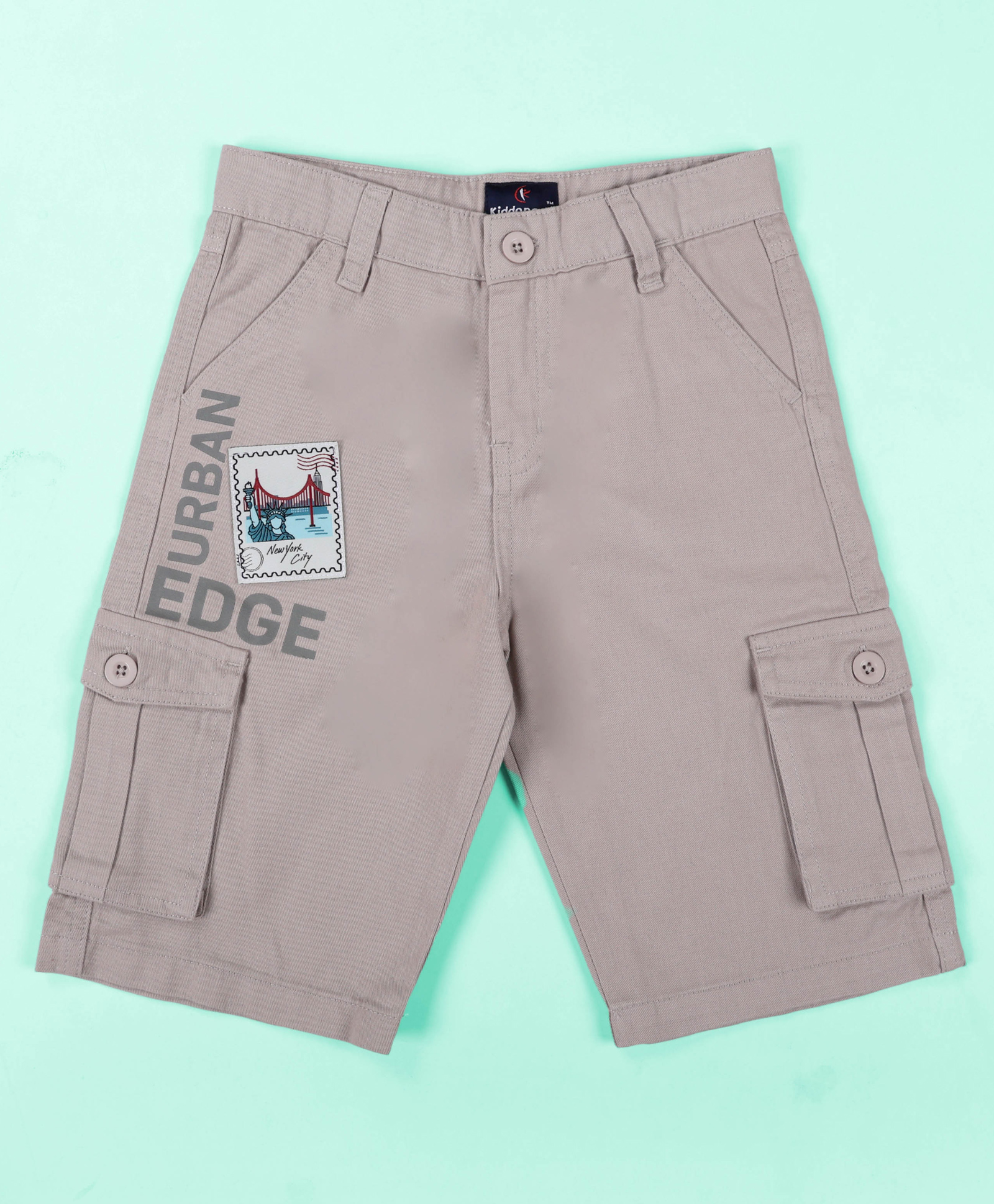 Kiddopanti Cotton Spandex Woven Urban Edge Text Printed Cargo Shorts - Beige-picture-10