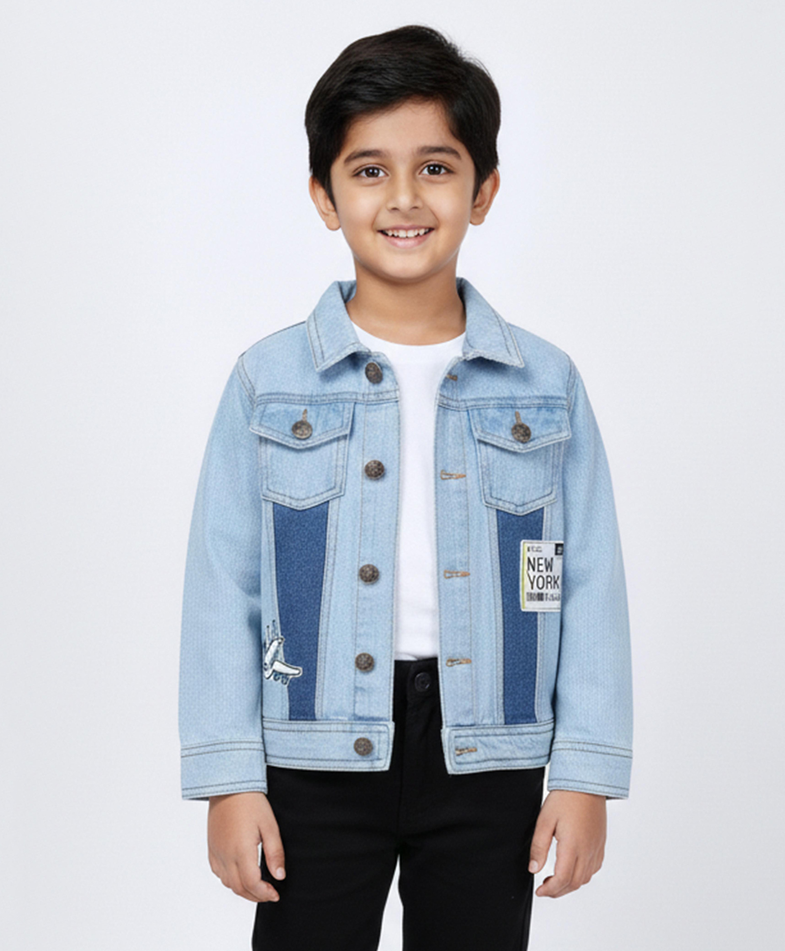 Kiddopanti Denim Woven Full Sleeves New York Text Patch Detailed Jacket - Light Wash Blue
