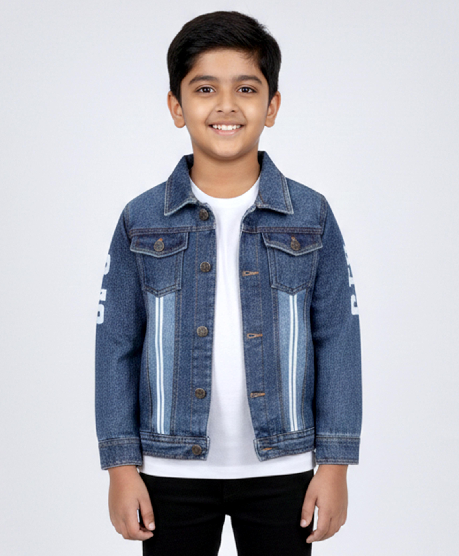 Kiddopanti Denim Woven Full Sleeves Typography Printed Jacket - Mid Wash Blue