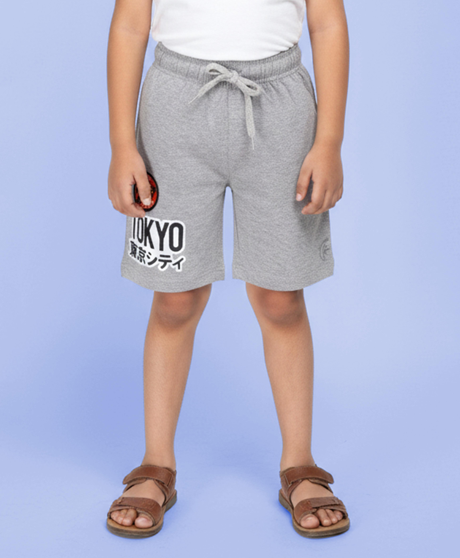 Kiddopanti Cotton Knit Tokyo Text Printed Shorts - Grey Melange-picture-21