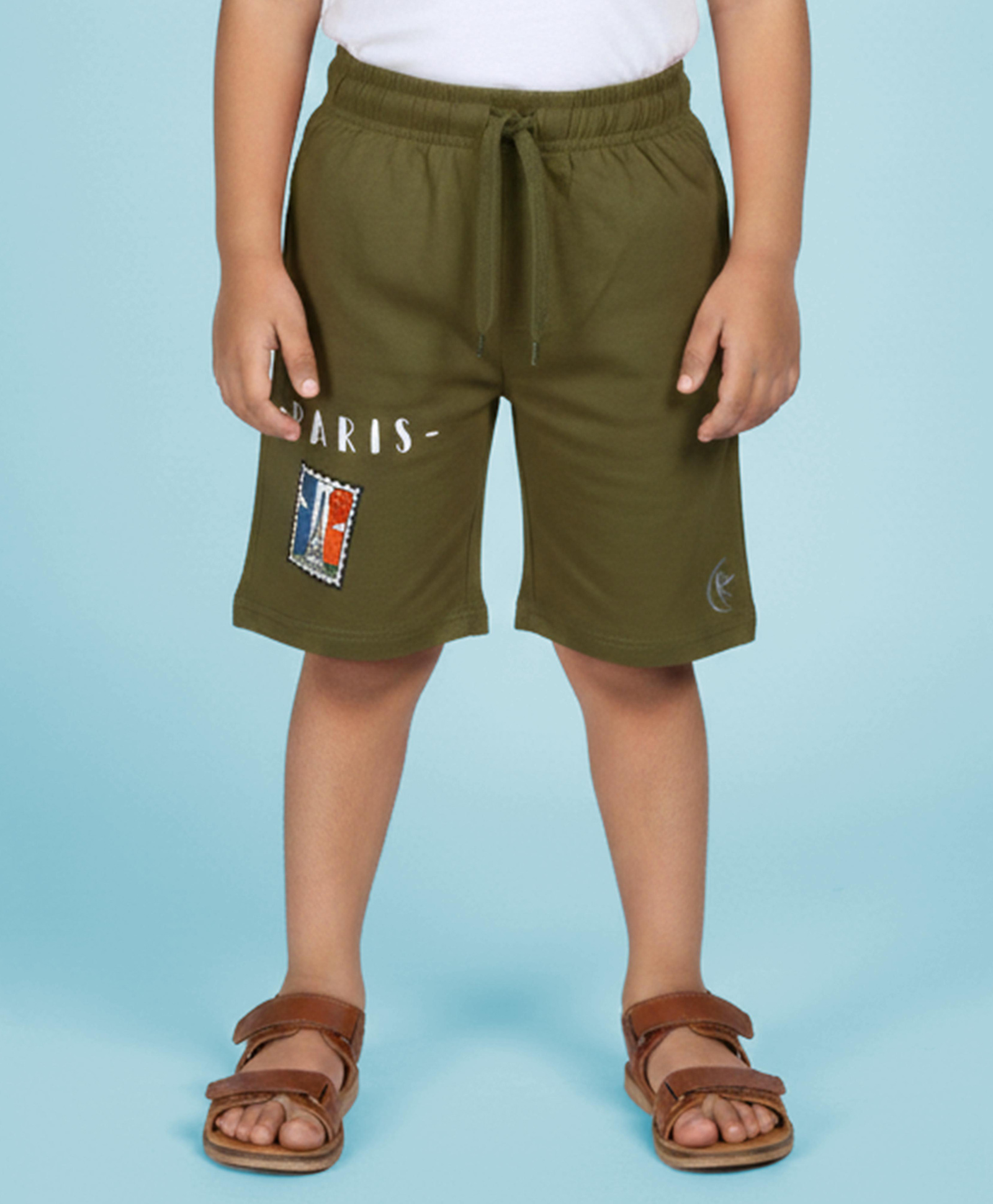 Kiddopanti Cotton Knit Paris Text Printed Shorts - Military Green-picture-16