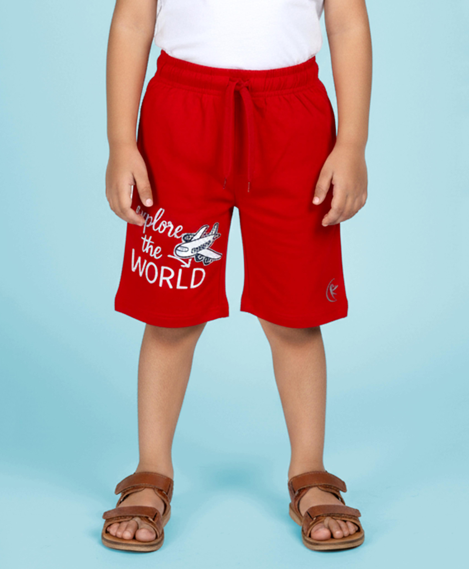 Kiddopanti Cotton Knit Explore The World Text Printed Shorts - Red-picture-26