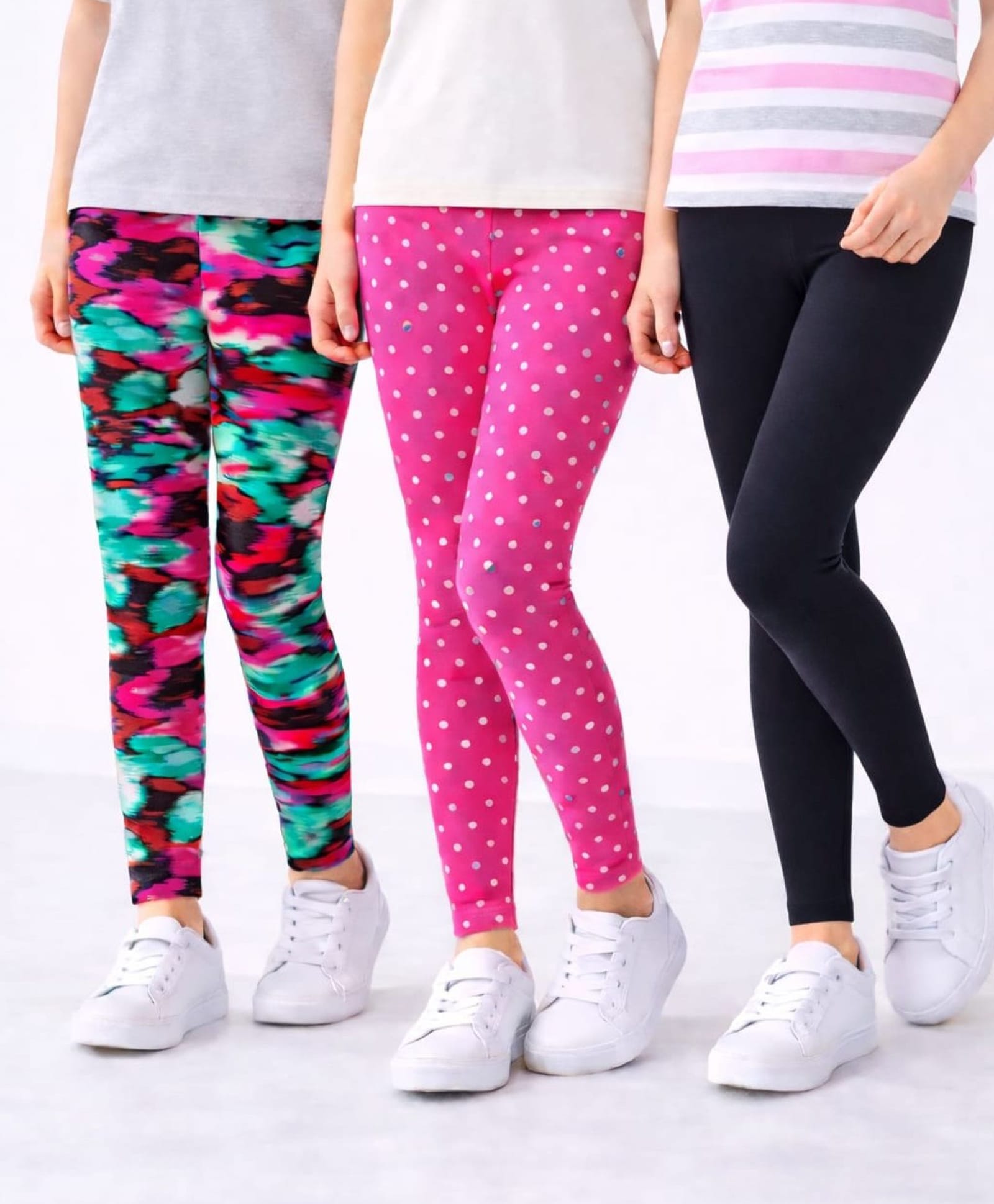Nino Togs Cotton Lycra Knit Pack Of 3 Solid & Polka Dots Printed Leggings - Multi Colour-picture-26