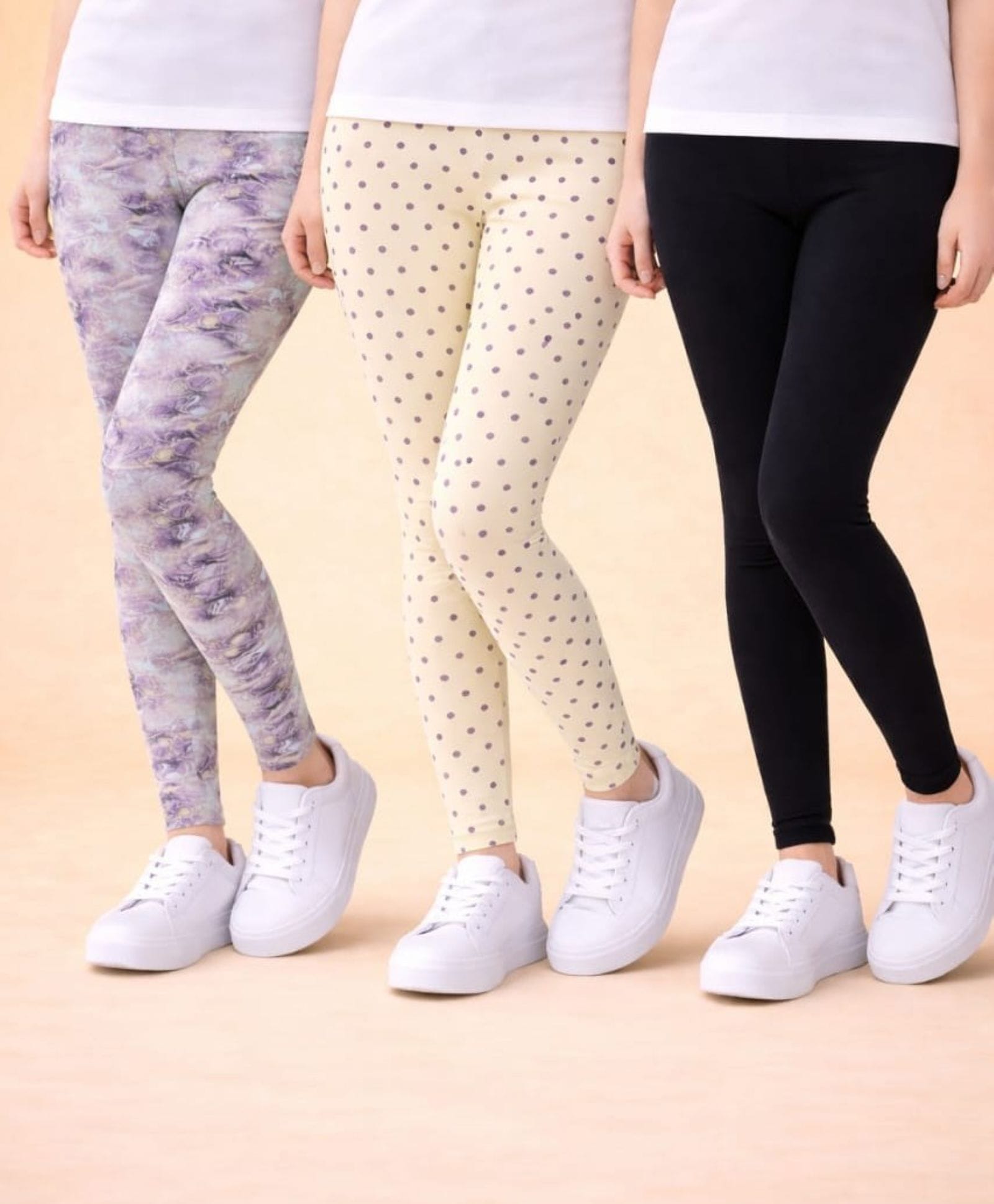 Nino Togs Cotton Lycra Knit Pack Of 3 Solid & Polka Dots Printed Leggings - Multi Colour-picture-28