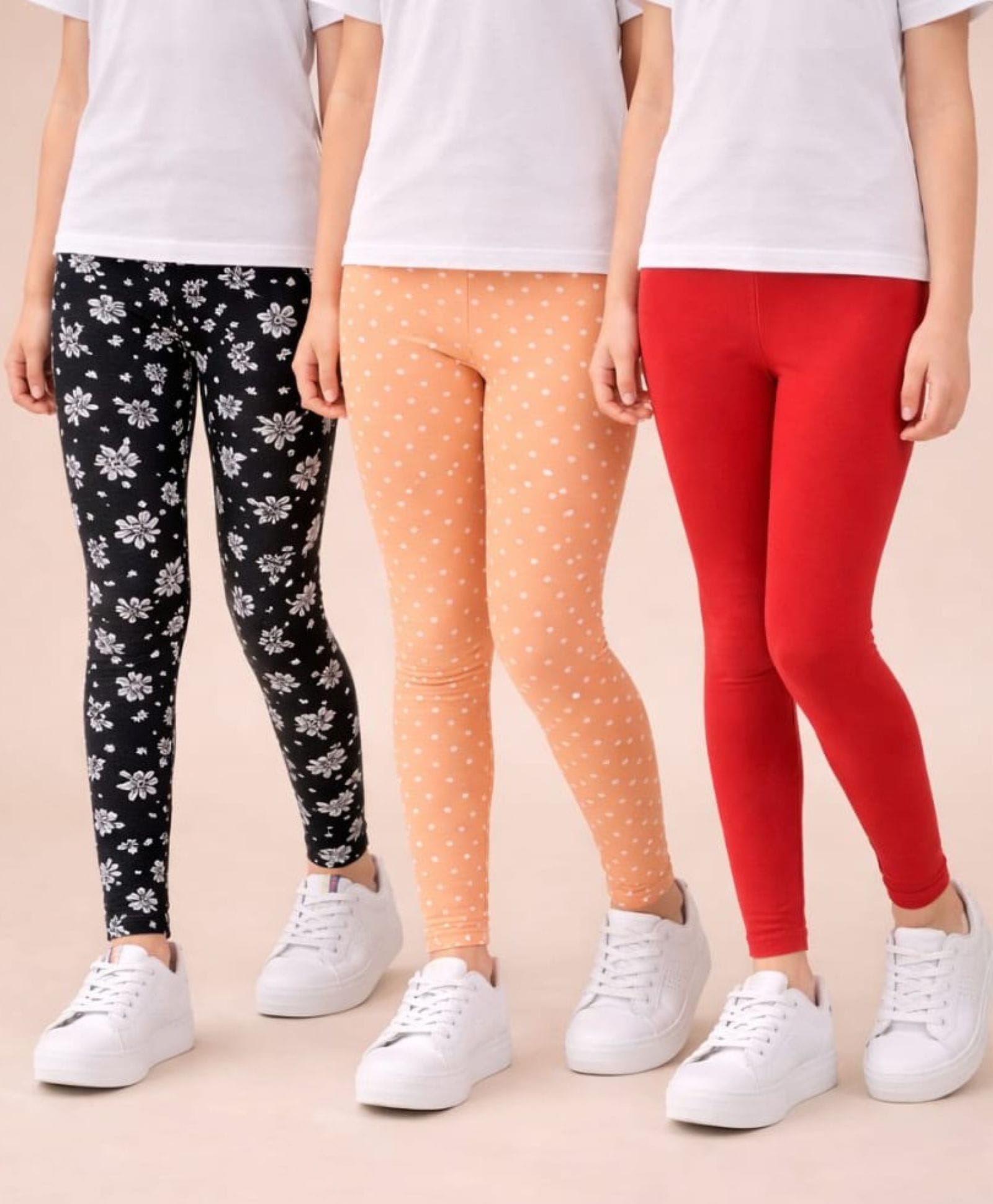 Nino Togs Cotton Lycra Knit Pack Of 3 Solid & Polka Dots Printed Leggings - Multi Colour-picture-25
