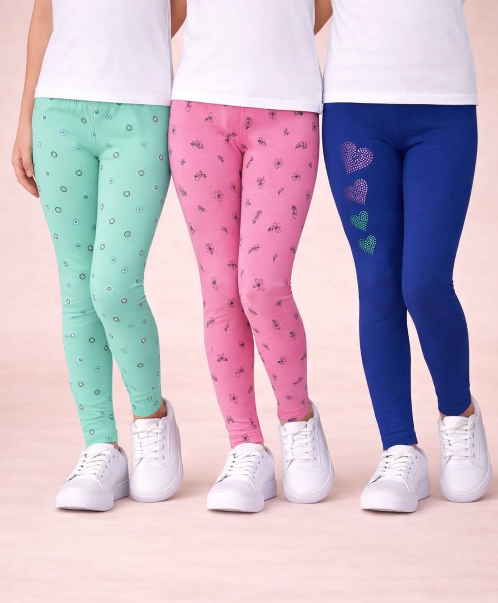 Nino Togs Cotton Lycra Knit Pack Of 3 Hearts & Floral Printed & Stones Embellished Leggings - Multi Colour-picture-15