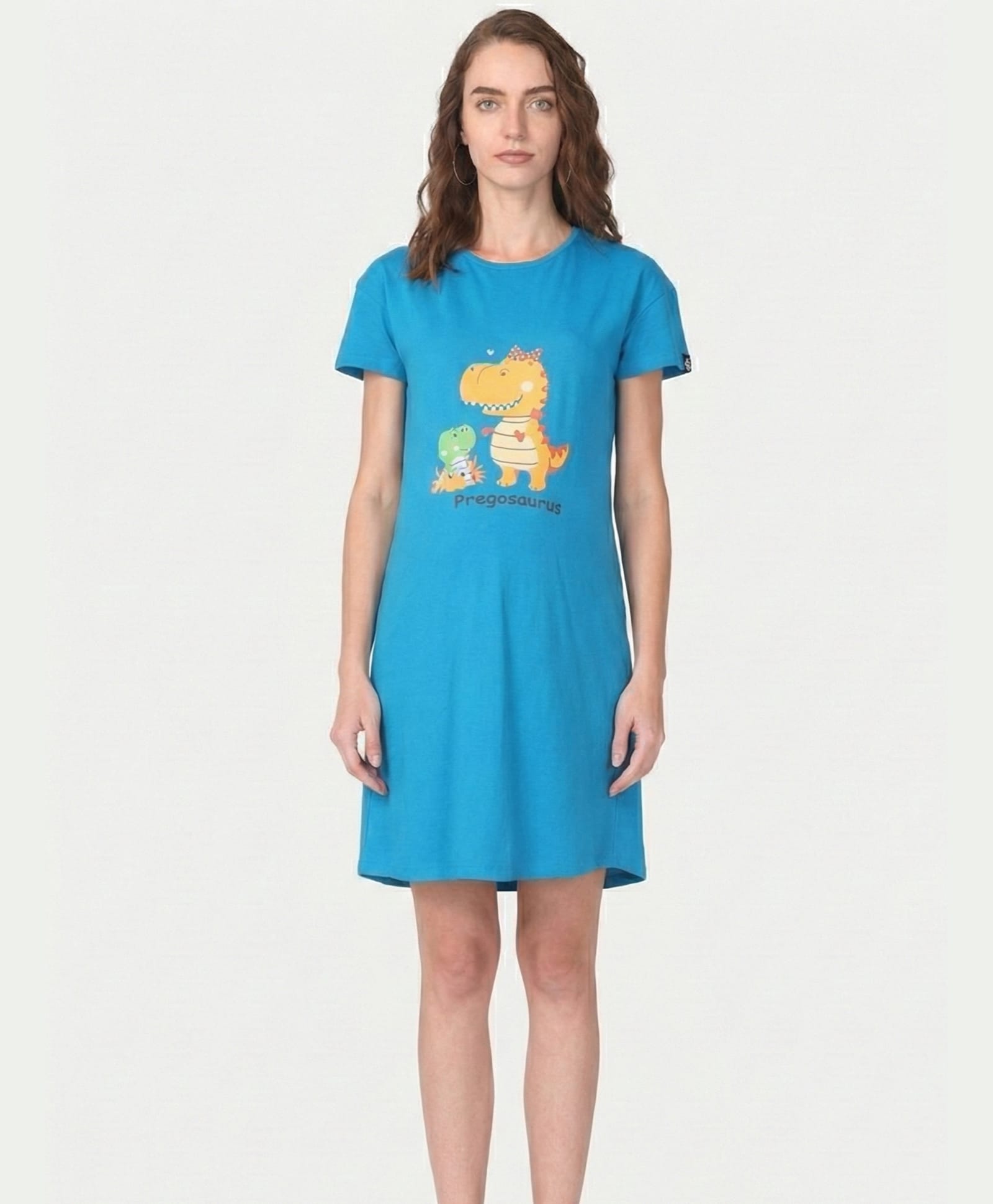 The Mom Store Cotton Knit Half Sleeves Pregosaurus Text Printed Maternity Tee Style Dress - Teal Blue-image-20