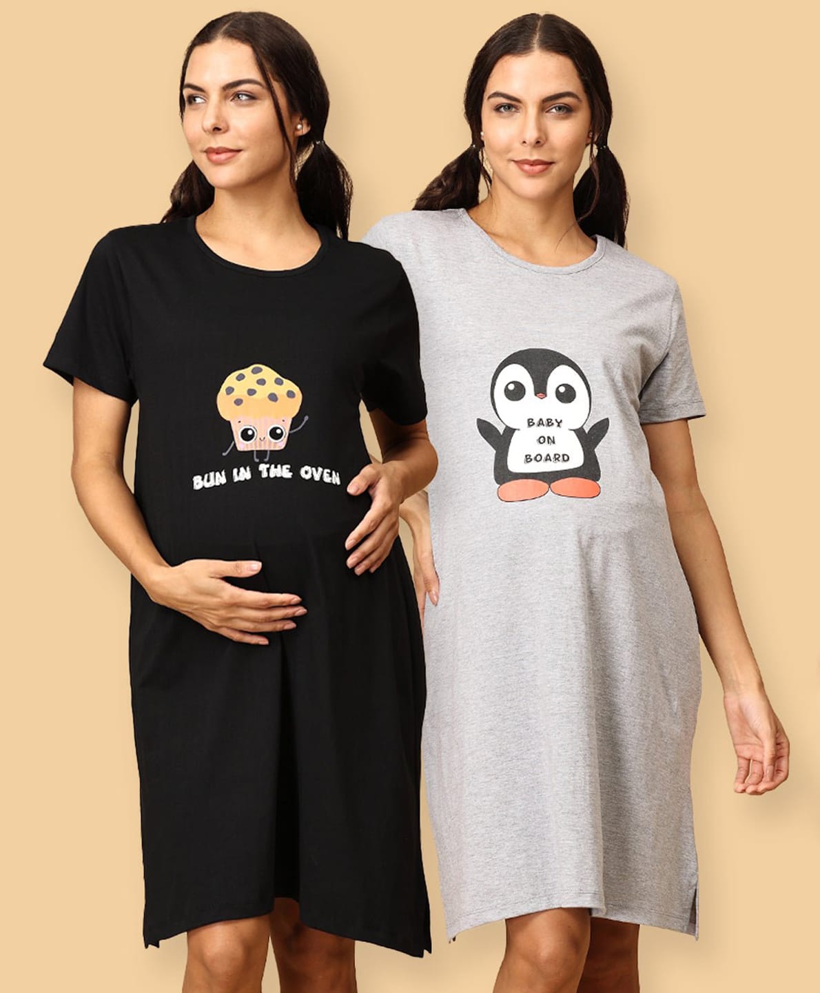 The Mom Store Cotton Knit Pack Of 2 Half Sleeves Bun In The Oven & Baby On Board Text Printed Maternity Tee Styled Dress - Multi Colour