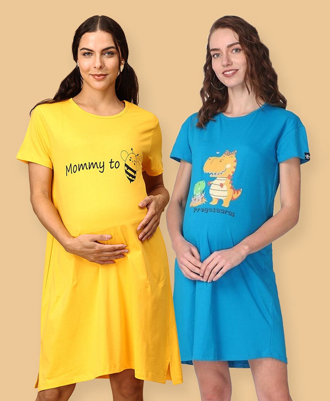 The Mom Store Cotton Knit Pack Of 2 Half Sleeves Bee & Dinosaurs Maternity Dress - Multi Colour-picture-23
