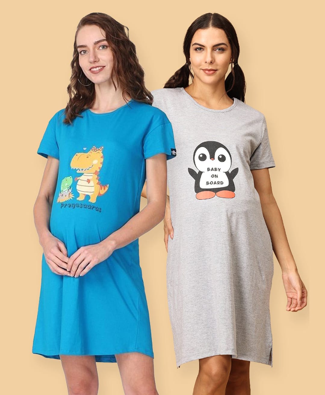 The Mom Store Cotton Knit Pack Of 2 Half Sleeves Penguin & Dinosaurs Maternity Dress - Multi Colour-picture-22
