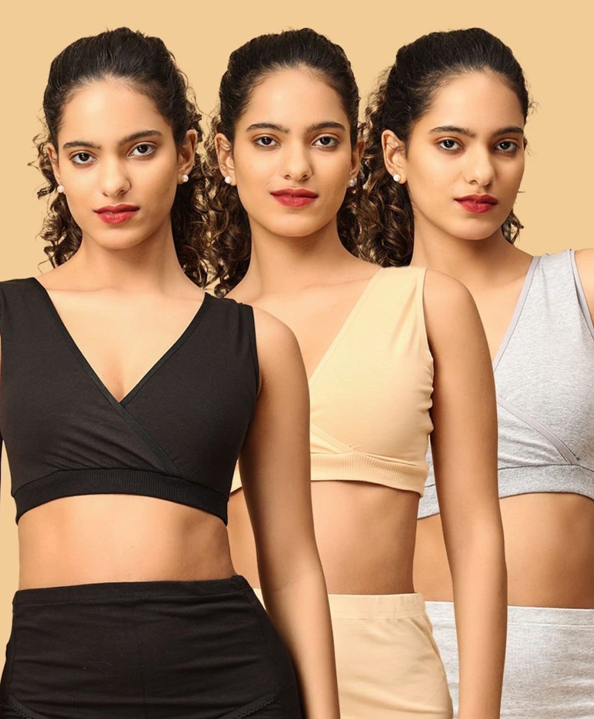 The Mom Store Cotton Knit Pack Of 3 Solid Maternity Sleep Bra - Black Beige & Grey-picture-37