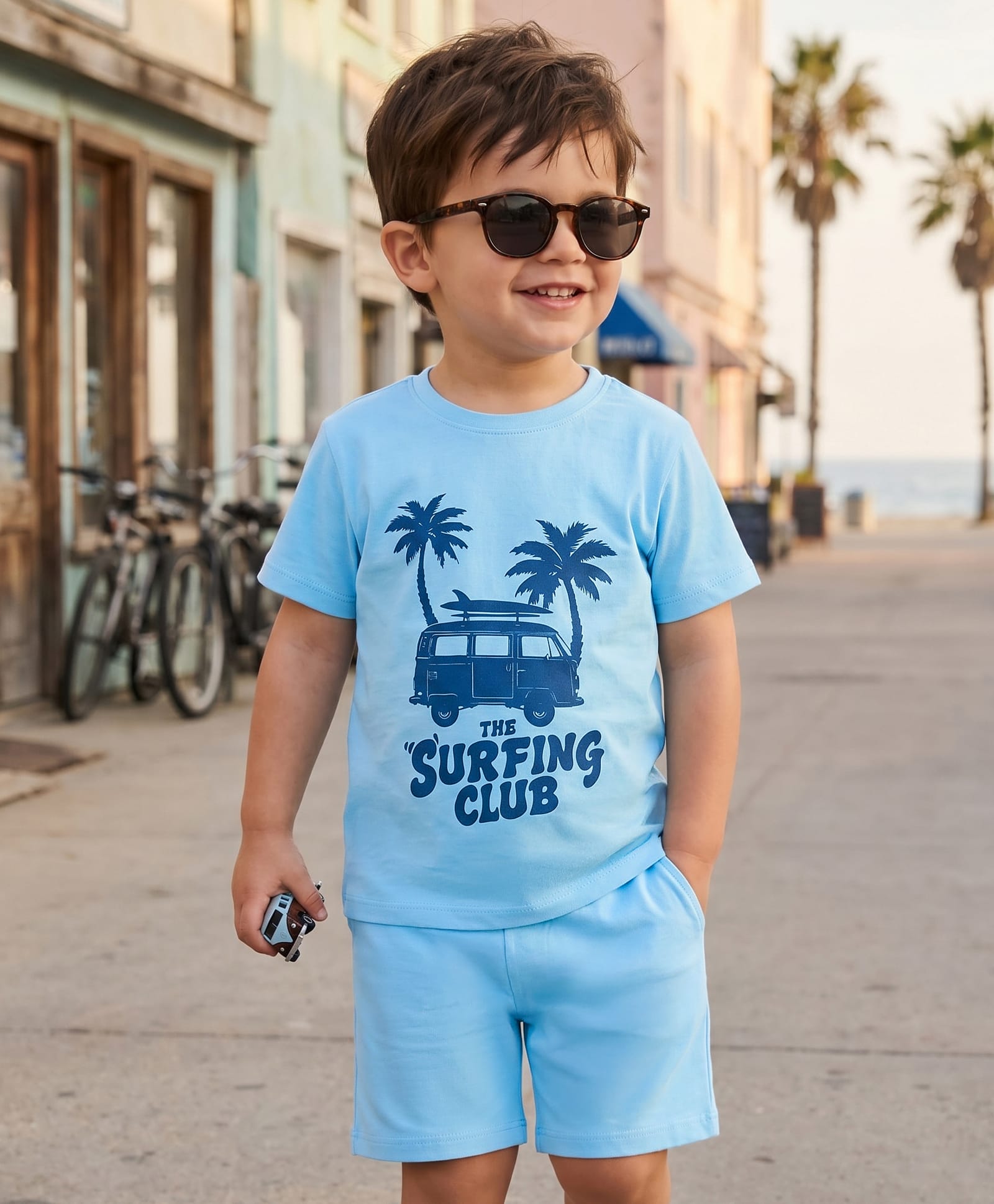 Kookie Kids India Half Sleeves T-Shirt & Shorts Night Suit With Van & Tree Print - Light Blue-picture-34