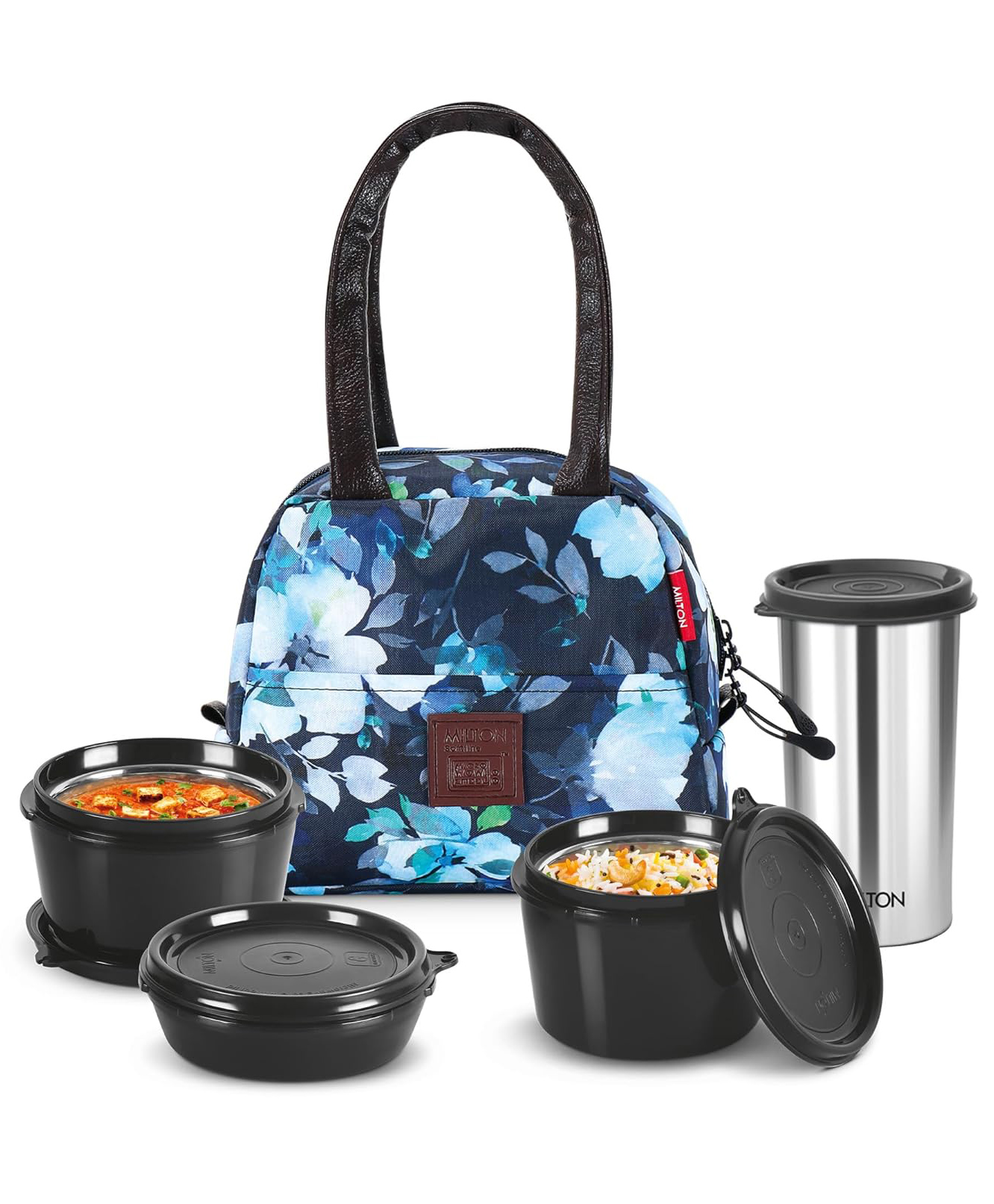 Milton Floret Lunch Box with Insulated Fabric Jacket, 3 Microware Safe Inner Stainless Steel Containers 180ml, 320ml, 320ml &Tumbler with lid 380ml, Leak-Proof Tiffin for Office, College, Picnic, Blue-image-23