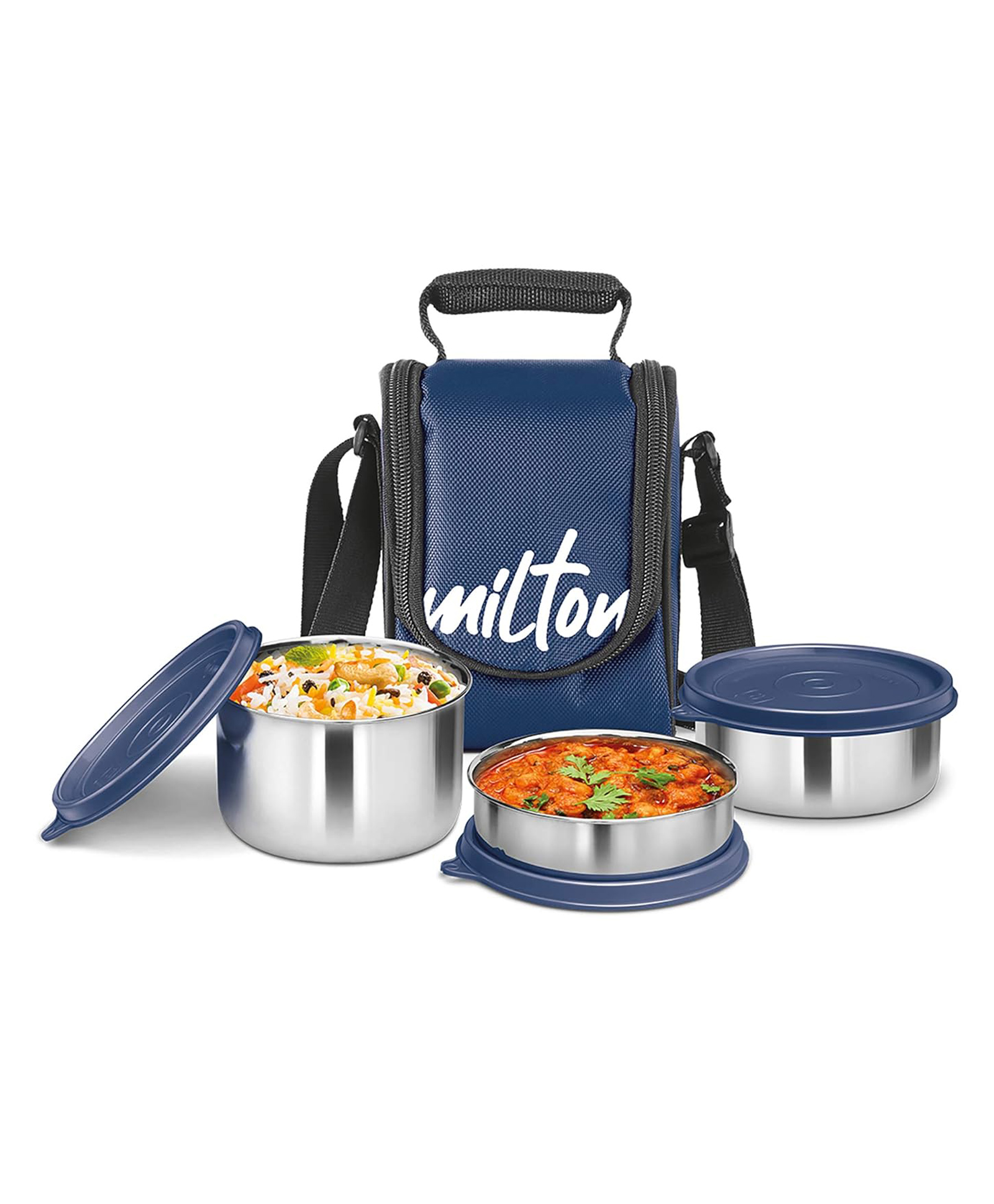 Milton Tasty 3 Lunch Box With Insulated Fabric Jacket, 3 Stainless Steel Containers (210 Ml, 340 Ml, 500ml), Leak-proof Tiffin for Office, College, Picnic, Blue-image-10
