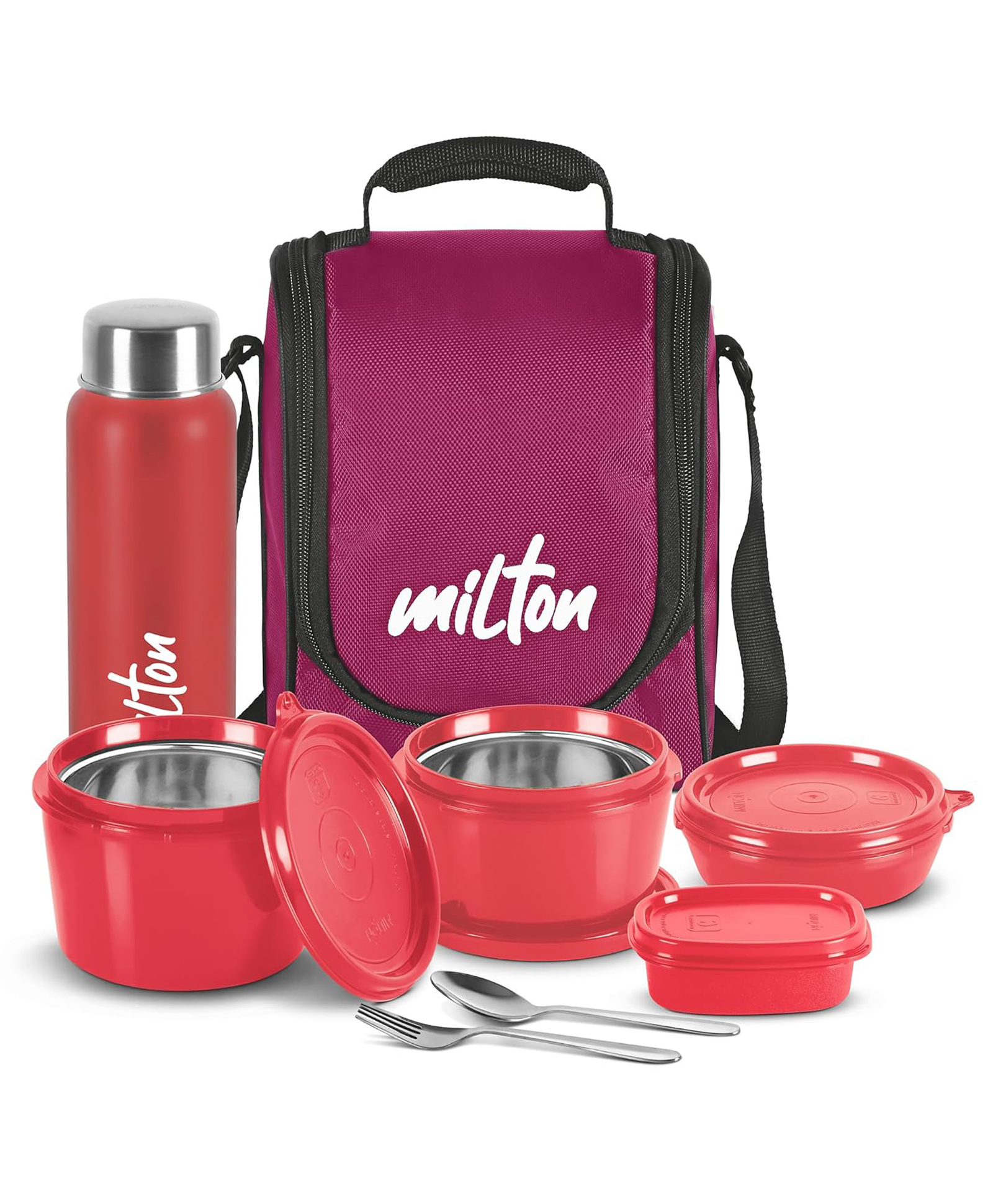 Milton Pro Lunch Box With Steel Cutlery, 3 Microwave Safe Inner Steel Containers (180 Ml, 320 Ml, 450 Ml), Plastic Chutney Dabba,100 Ml, Bottle, 750 Ml With Insulated Bag, Office Tiffin, Maroon-picture-37