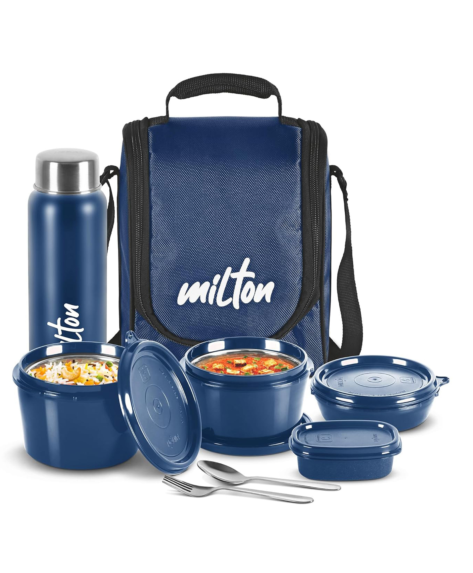 MILTON Pro Lunch Box, 3 Microwave Safe Inner Steel Containers (180 ml, 320 ml, 450 ml), Plastic Chutney Dabba (100 ml), Steel Bottle (750 ml) with Durable Lunch Bag, Leak-Proof Tiffin for Office, Blue-picture-38