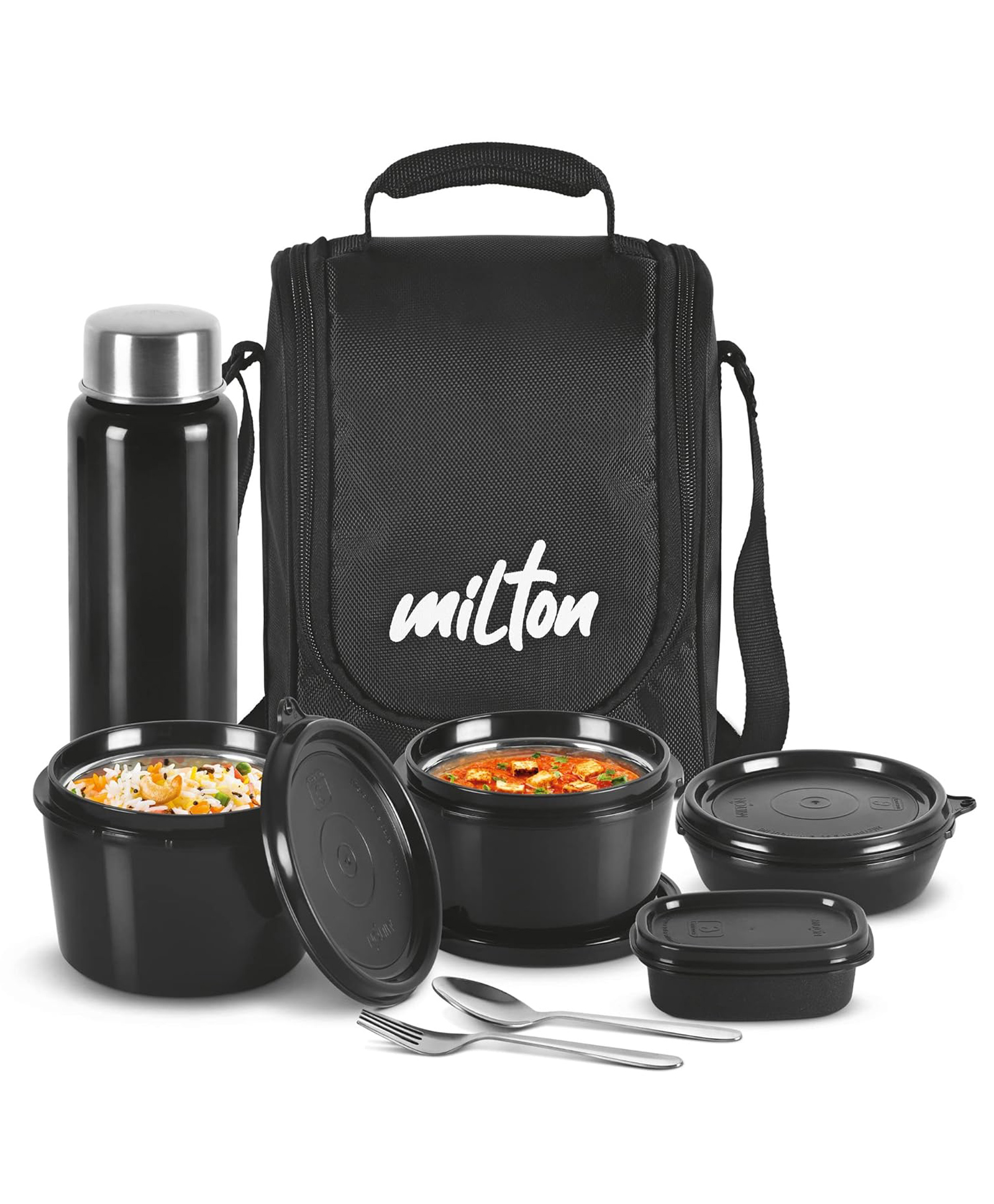 MILTON Pro Lunch Box with Steel Cutlery, 3 Microwave Safe Inner Steel Containers (180ml, 320ml, 450ml) Plastic Chutney Dabba 100ml, Bottle 750ml with Insulated Bag, Office Tiffin, Black-picture-19