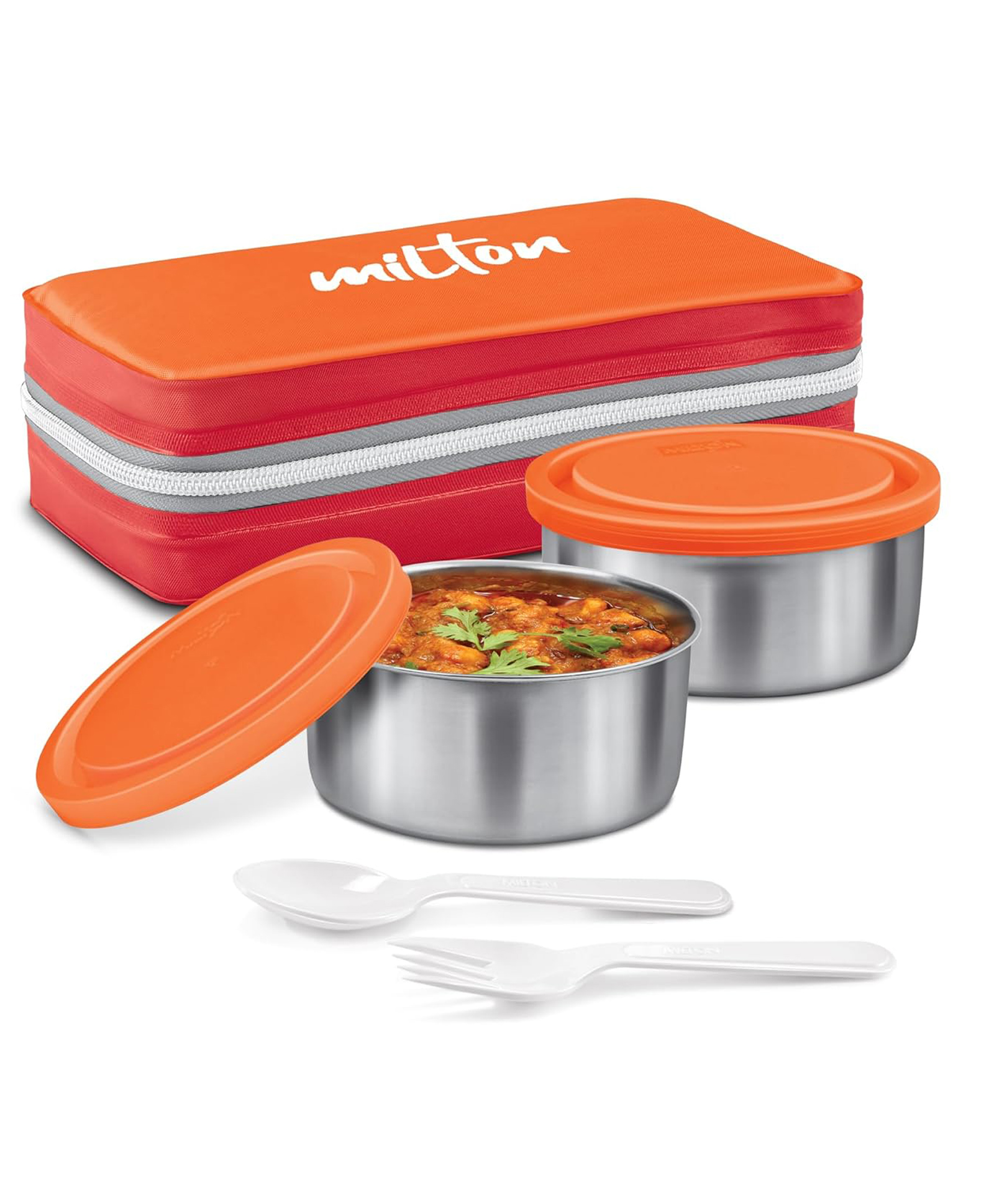 Milton New Mini Lunch Box With Insulated Bag, 2 Stainless Steel Containers 280 Ml Each, Plastic Spoon & Fork, Leak-proof Tiffin for Office, School, College, Orange-image-39
