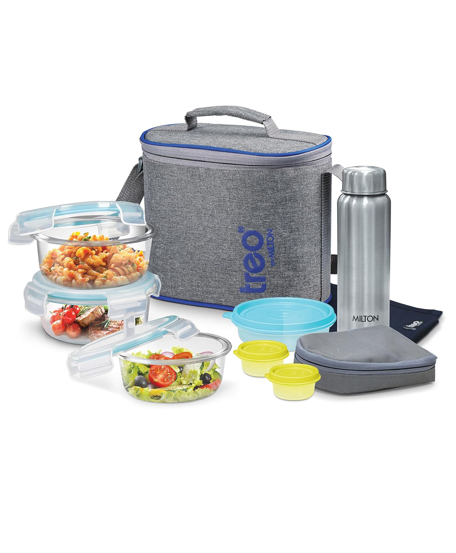 Milton All Fresh Premier Glass Tiffin with Bag, Set of 8 (3 Containers, 400ml Each; 1 Steel Bottle, 750 ml; 2 - Pickle/Chutney Dabba, 30ml Each; 1 Salad/Papad Dabba, 200ml; 1 Dining Mat)-picture-8