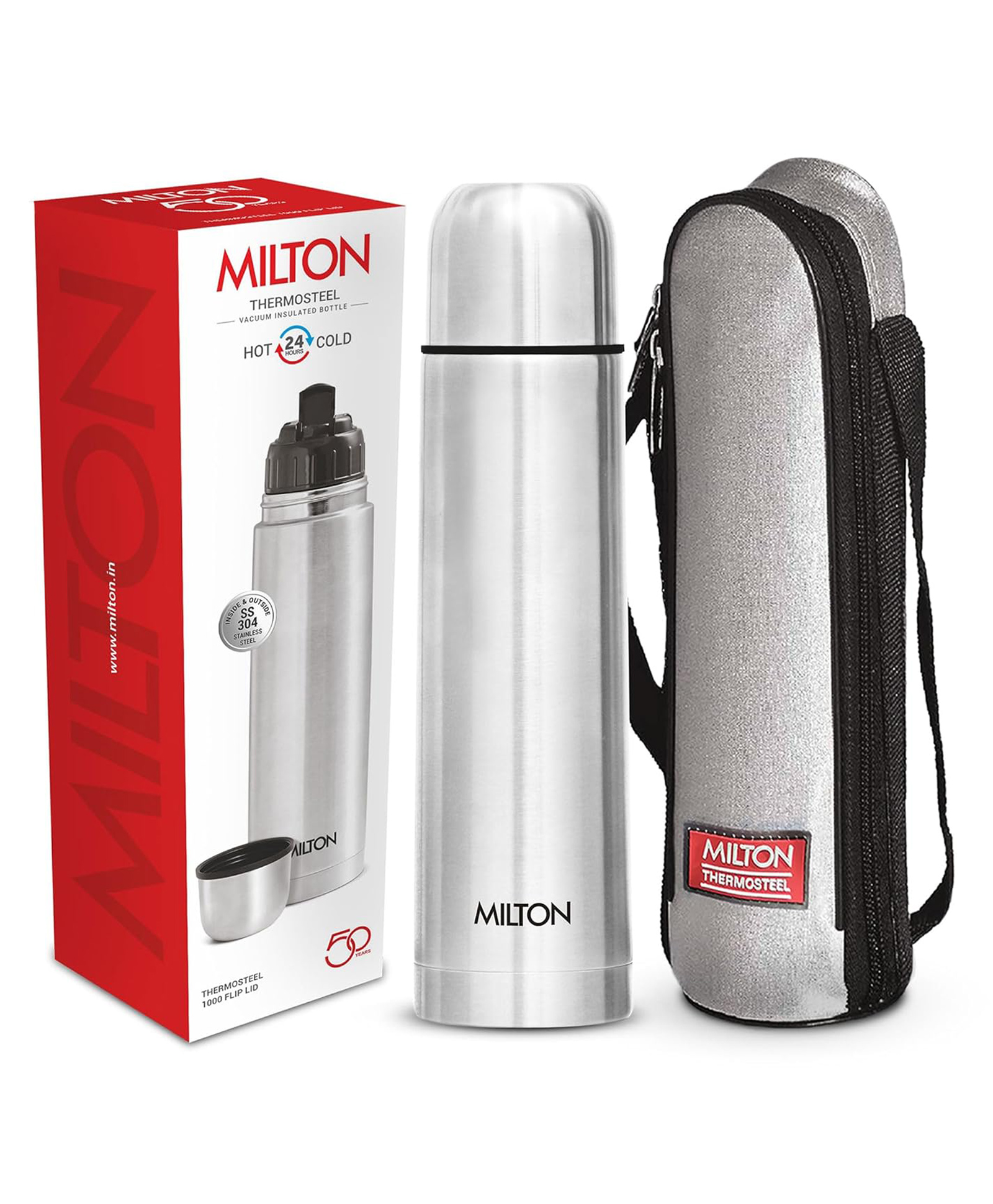 Milton Flip Lid 1000 Thermosteel Water Bottle, 24 Hr Hot and Cold I Leak Proof Lid with Jacket, ISI Certified I Vacuum Insulated Silver - 1 Litre-image-46