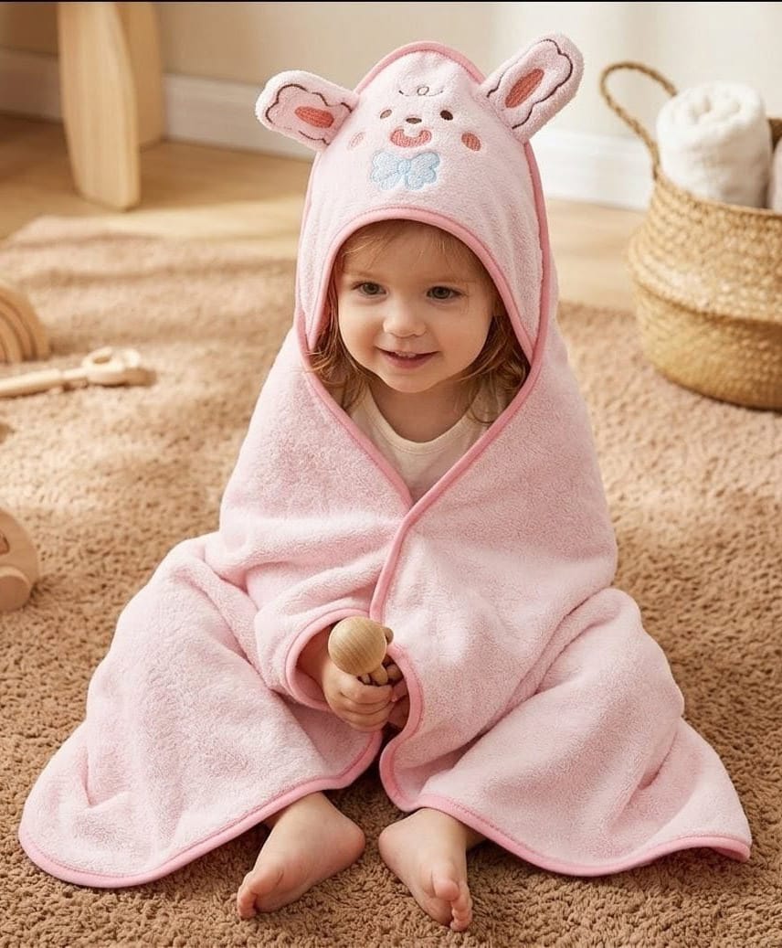 Butterthief Fur Woven Animal Face Designed Hooded Wrapper & Bath Towel - Baby Pink-picture-14