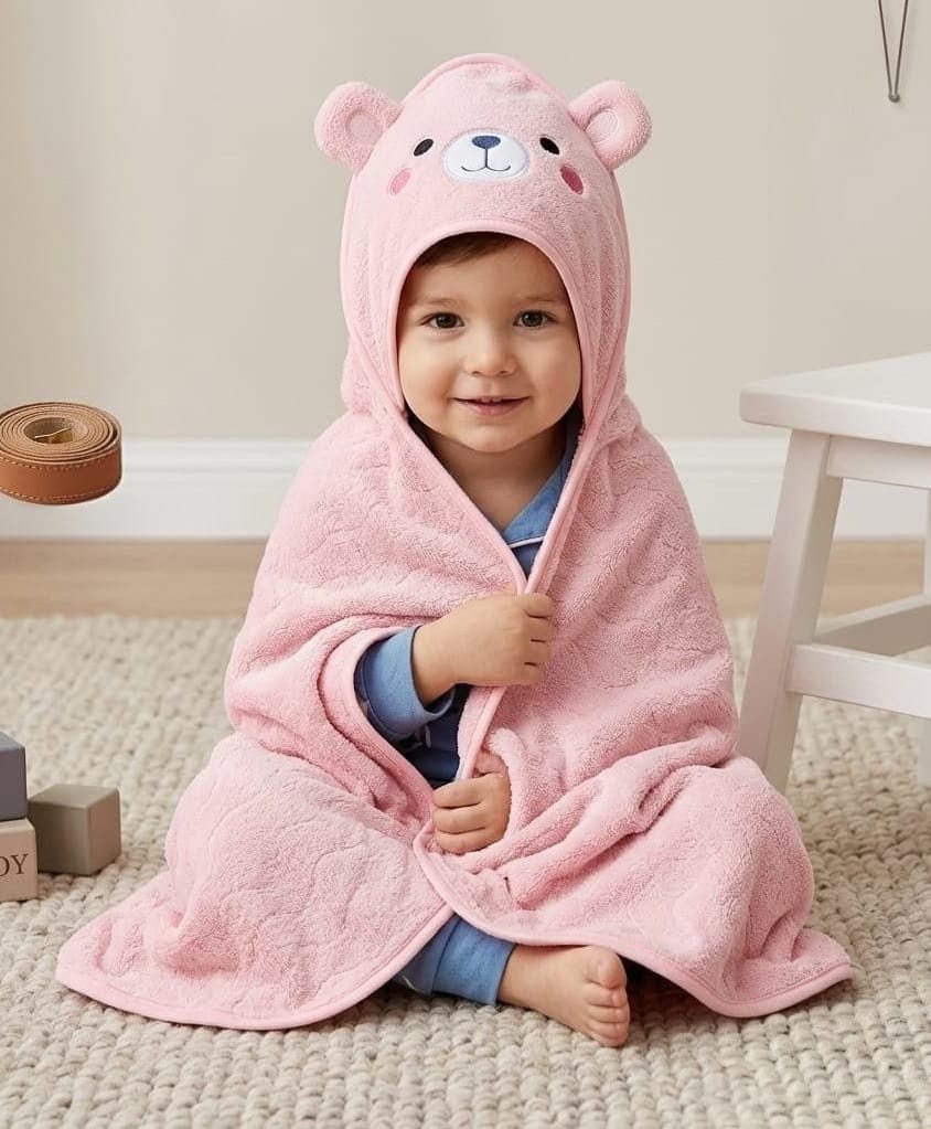 Butterthief Fur Woven Animal Face Designed Hooded Wrapper & Bath Towel - Pink-picture-10