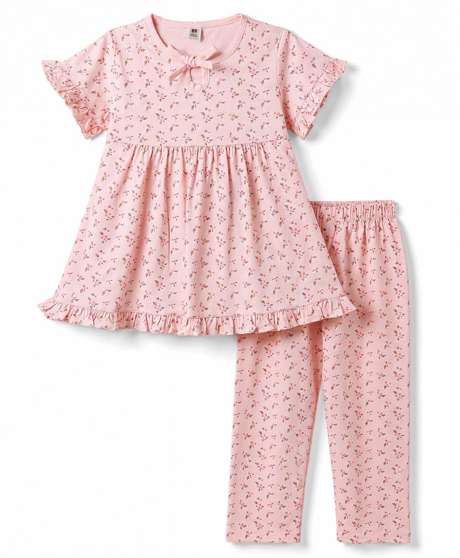 ToffyHouse Single Jersey Knit Half Sleeves Top & Pyjama Night Suit With Floral Print & Frill Detailing - Light Pink-image-47