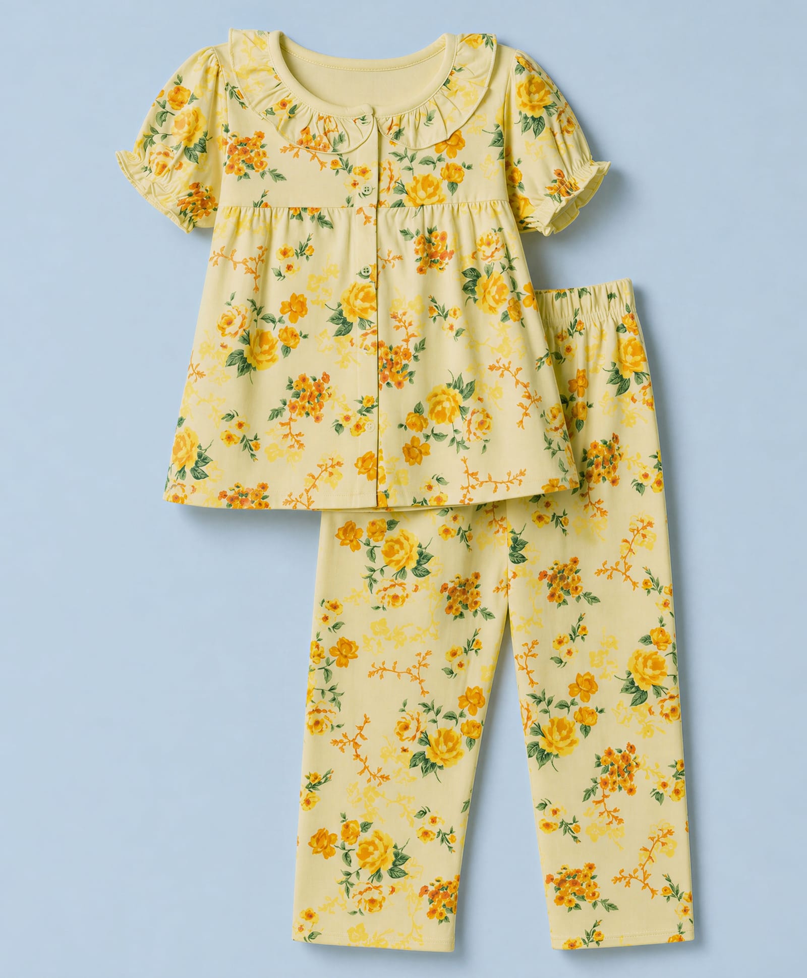 ToffyHouse Single Jersey Knit Half Sleeves Top & Pyjama Co-ords Night Suit With Floral Print - Yellow-image-10