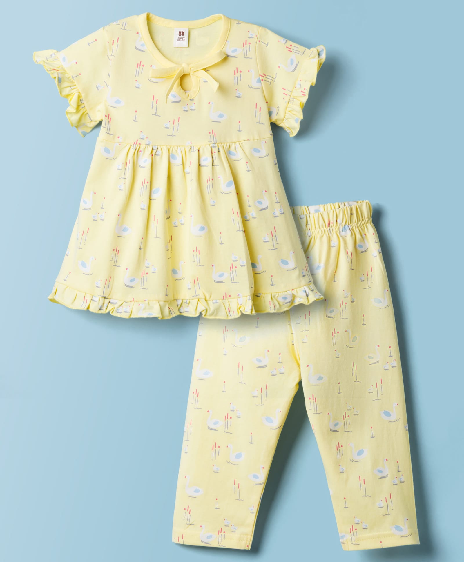 ToffyHouse Single Jersey Knit Half Sleeves Co-ord Top & Pyjama Night Suit with Swan Print - Lemon Yellow-image-23